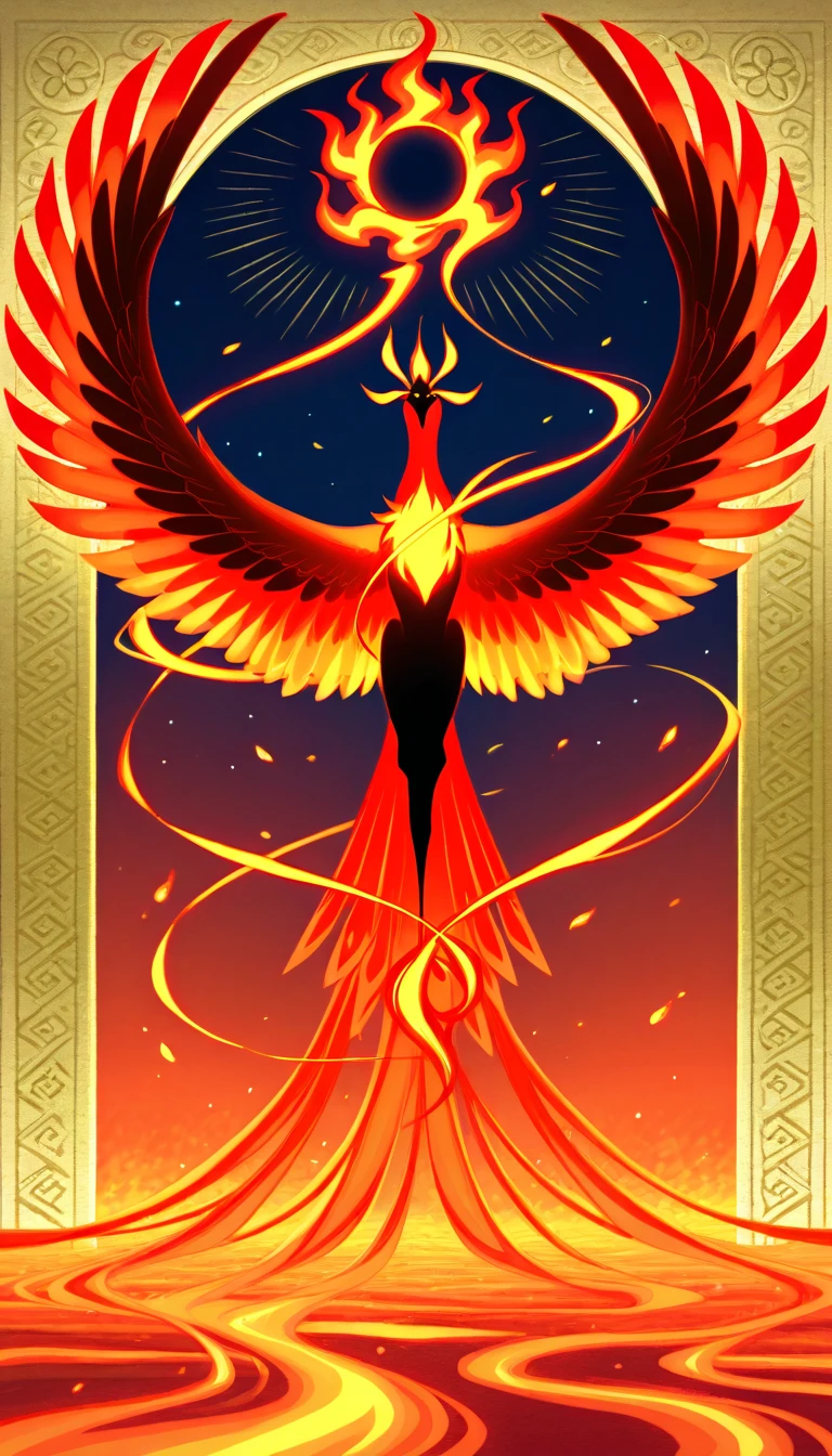 A majestic mythical bird representing Suzaku the Vermilion Bird from East Asian mythology, The bird is depicted soaring in the sky surrounded by flames and glowing embers with elegant red and orange feathers that shimmer in the light, The Suzaku has a long flowing tail similar to a phoenix and intricate gold-lined details on its wings, The background shows a warm glowing sunset over a vast mystical landscape blending ancient East Asian aesthetic elements, Monochrome silhouette art of a majestic vermilion bird spreading its wings, taking off into a dark starless sky, The bird is shrouded in shadows only its flaming wings and tail visible casting a dramatic contrast against the night, Flames trail along the edges of its wings creating a fiery halo that illuminates the surrounding darkness emphasizing the bird’s ethereal and mystic presence, The bird’s form is graceful and powerful capturing a moment of pure transcendence and flight