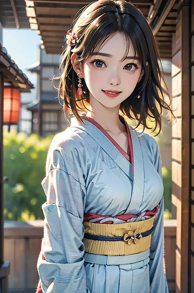  Portraits、 realistic 、 4K resolution、  High Quality CG、Beautiful CG、Soft light、  shiny hair、smile、 Beautiful breasts、(( Japanese Pintan Kimono 、 colorful Japanese kimono、 in an Old Japanese House 、Nishijin weaving))