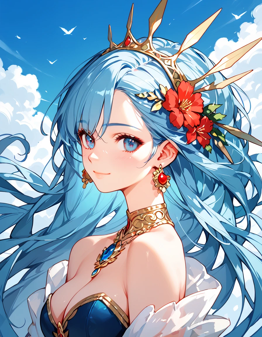 goddess outfit、angel ring on head、smil、mystical sky、large full breasts、facing front、