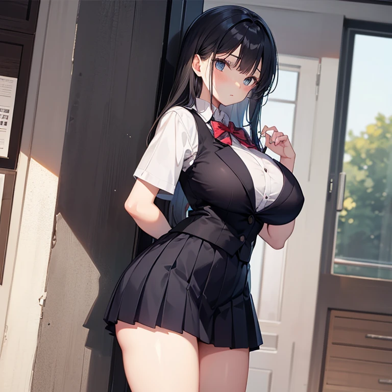 A girl, alone,  age 18 wearing school uniform in photos from different places and different angles,  photos of different parts of school big breasts ,  short skirt , big and beautiful thighs  