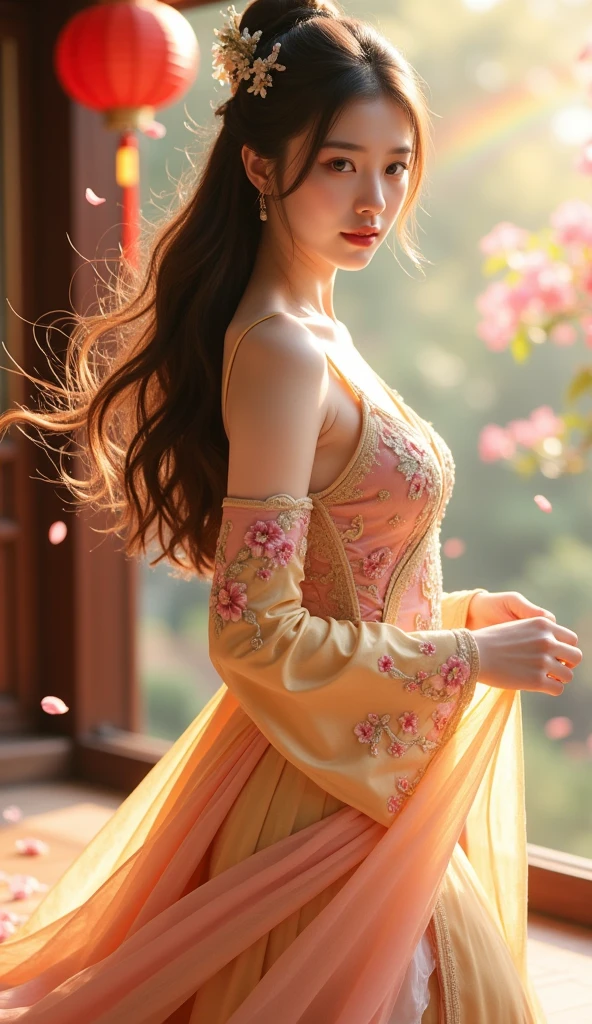 1qqq, Realistic, Best Quality, Masterpiece, High Resolution, (Exquisite Body: 1.5), Gorgeous Face, (Milky White Skin: 1.3), Complex Details, High Resolution Wallpaper, 1 Girl, Solo, Dress, Hair Accessories, ((Pink and Yellow Dresses)), Flowers, Long Hair, Brown Hair, Closed Mouth, Jewelry, Long Sleeves, Wide Sleeves, Big Eyes, Floating Hair, Chinese Clothing, Hanfu, Embroidery, Long Skirt, Natural Posture, Petal Falling, Indoor, Fan shaped, Lantern, 16K, HDR, High Definition, Depth of Field, (Film Grain: 1.1), Scattered View, Golden Moment, (Camera Flash), Small Illustrations, Rainbow, (Color Rating: 1.5) (Big chest: 1.2), upper body,