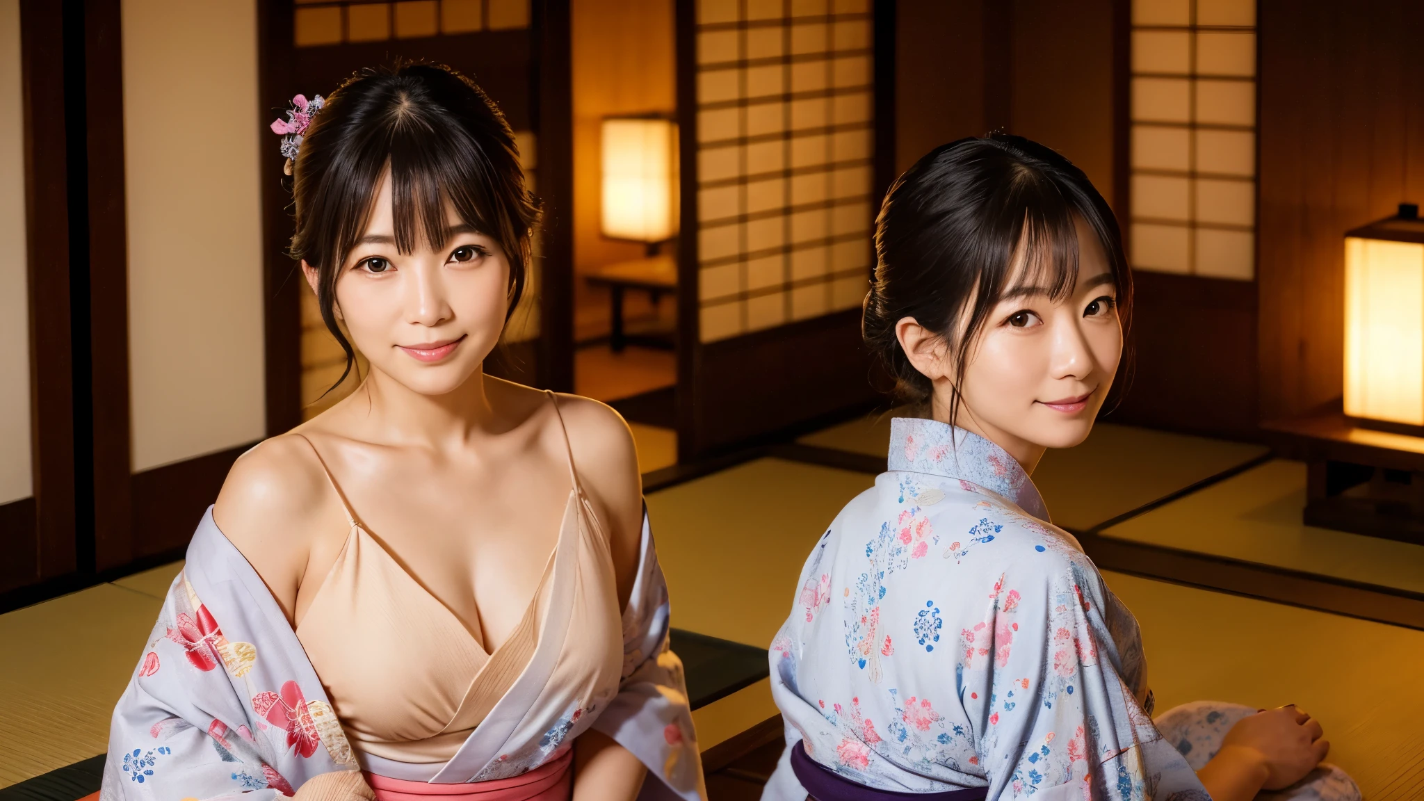 (((The yukata is short and reveals her sexy thighs..)))、(((Shoulder Bare)))、See-through sexy yukata、Cute 2 Japanese idol、(((Bare skin visible through the yukata.)))、(((A see-through yukata)))、(One Girl)、Very cute face、Great face and eyes、(Highly detailed eyes、Highly detailed face)、Fresh、Very beautiful appearance、(超Realistic、High resolution)、(Highest quality:1.4)、RAW Photos、(Realistic、Realistic:1.37)、Professional photos、(A pale blue, sheer floral yukata that lets a little skin show through:1.5)、(Open yukata)、(Cleavage:1.2)、(Exposed shoulders)、smile、(Staring at I)、(((Crowded food stall at night)))、Portrait of a Girl、(((I'Not wearing underwear)))、Big Breasts、Emphasis on Cleavage、Glowing Skin、It's hot and humid and I'Sweating、A yukata that fits snugly against the skin