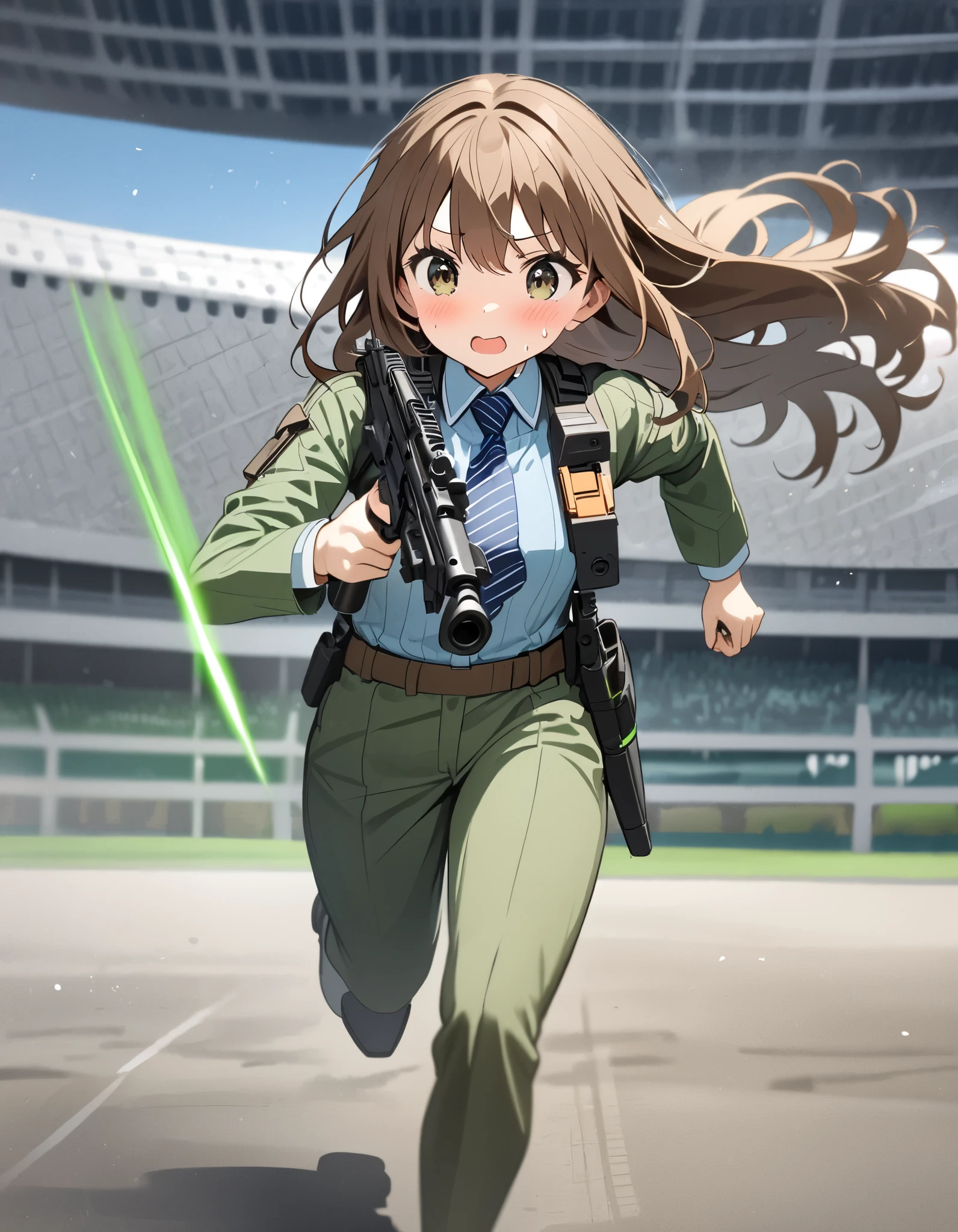 masterpiece, best quality, highres, 1girl, solo, solo focus, dark brown hair, long hair, hazel brown eyes, beautiful detailed eyes, beautiful detailed face, cute face, light blue shirt, long sleeves, shoulder holster, blue striped necktie, green pants, black shoes. blush, shy, klutzy, ((sweatdrop)). tokyo stadium backdrop, outdoors. holding weapon, holding gun, blaster rifle, trigger discipline. ((running, dodging green lasers)), stray green laser bolts.