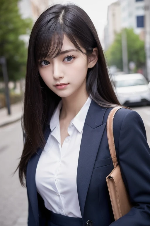 table top、highest quality、genuine、Super detailed、finely、High resolution、8k wallpaper、one beautiful woman、、、light brown disheveled hair、wearing a business suit、sharp focus、perfect dynamic composition、beautiful and detailed eyes、thin hair、Detailed genuine skin texture、smile、model body shape、In Tokyo at morning、Brush your hair up with your fingers.