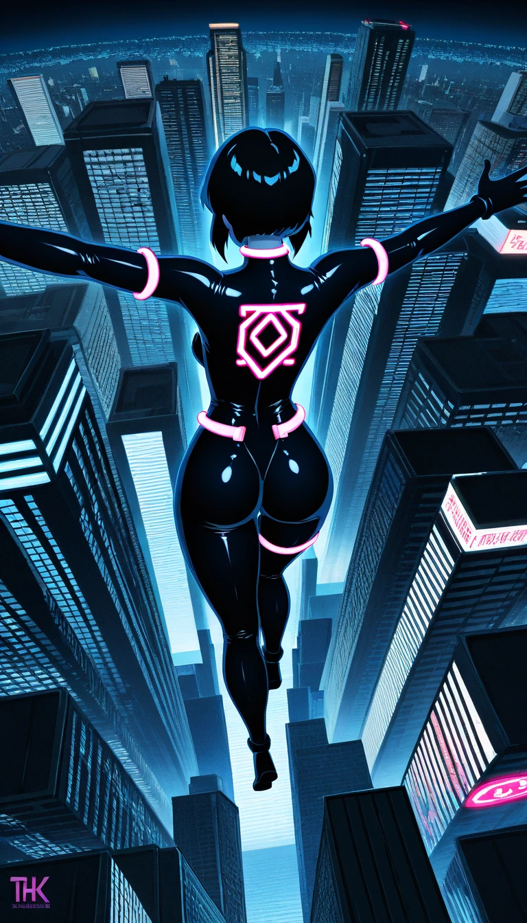 A dynamic poster of jumping off the roof of a building with open arms while wearing a shiny, tight plug suit, A cut-in of a woman diving from a towering skyscraper to the ground set against the backdrop of a neon-lit city filled with high-rise buildings, Tachikomas are seen running around adding a dynamic element, The image is designed in a poster style with a strong impactful composition, The color contrast is heightened featuring bright neon lights against the dark night, The art style is inspired by Ghost in the Shell and pop art creating a powerful and stylish visual, The scene captures the essence of a bustling futuristic city with large and small skyscrapers illuminated by vibrant neon lights, from behind, from above, UHD, anatomically correct, textured skin, super detail, 16k, masterpiece, accurate, award winning