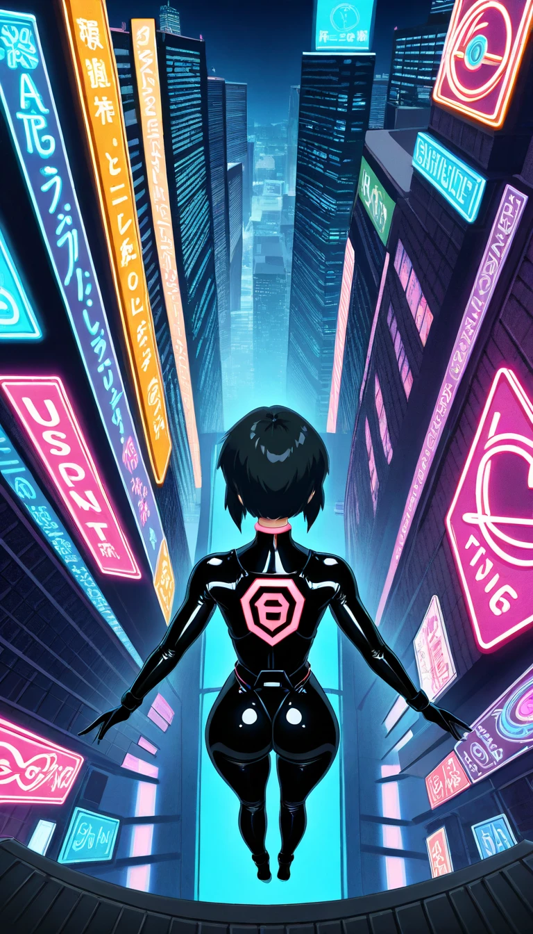 A dynamic poster of jumping off the roof of a building with open arms while wearing a shiny, tight plug suit, A cut-in of a woman diving from a towering skyscraper to the ground set against the backdrop of a neon-lit city filled with high-rise buildings, Tachikomas are seen running around adding a dynamic element, The image is designed in a poster style with a strong impactful composition, The color contrast is heightened featuring bright neon lights against the dark night, The art style is inspired by Ghost in the Shell and pop art creating a powerful and stylish visual, The scene captures the essence of a bustling futuristic city with large and small skyscrapers illuminated by vibrant neon lights, from behind, from above, UHD, anatomically correct, textured skin, super detail, 16k, masterpiece, accurate, award winning