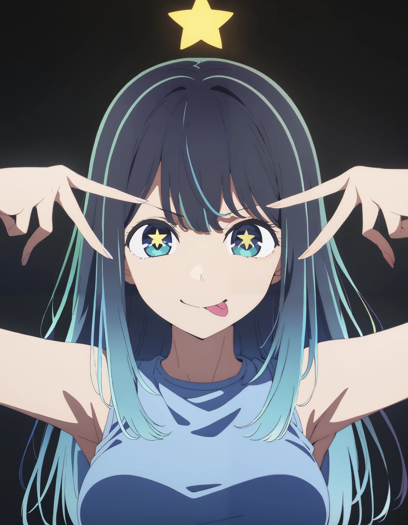   1 girl,

 Akane Kurokawa,  long hair, bangs,  blue eyes,  Big Breasts ,  black hair, Blue Hair, Multicolored Hair,  gradation hair, (((Yellow star-shaped highlights on the eyes)))

Blue tube top,   sleeveless, No shoulders,
Alone,Stage lighting,smile,
,    Please stick out your tongue  ,double V  ,   upper body,
    masterpieces during breakfast  ,   top quality,   super detailed,   is high definition ,4K,(  super detailed:1.4) (Illustration:0.5), (  ray tracing ,:0.8),(   as anime color  :0.7),(AI-generated:0.2),