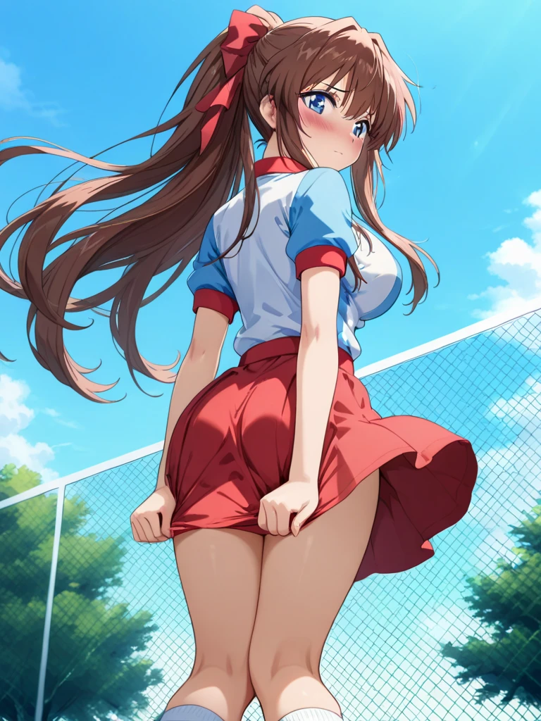 score_9, score_8_up, score_7_up, source_anime,
rating_sensitive, sexually suggestive,
1girl, solo, smile, joyful,
outdoors, sunbeam,
<lora:ShimamuraUzuki_pony_v1:0.9>
smmruzk, long hair, brown hair, wavy hair, one side up, hair bow, brown eyes, medium breasts,
gym uniform, white gym shirt, untucked shirt, red buruma, socks, sneakers, thighs,
detailed eyes, eye reflection,