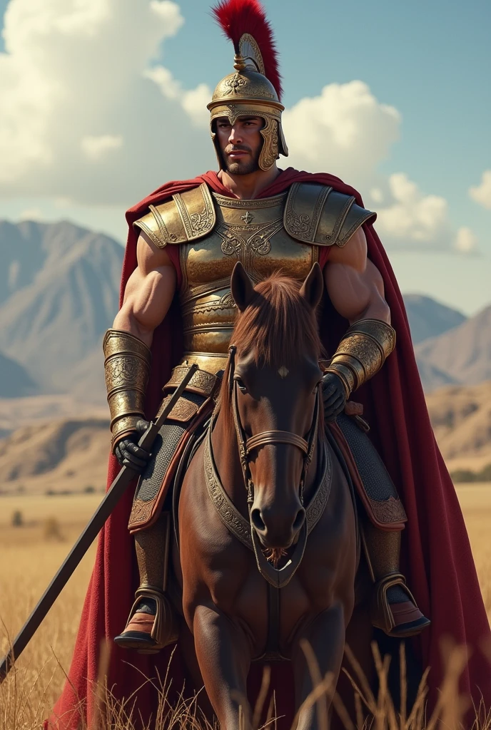 Very detailed, full color, full body photograph of a centaur.:1.2, standing, high, Red hair, Long hair, bushy beard, White skin, hairy chest, ((body hair++)) gauntlets, showing chest, detailed muscular physique, sword in hand, medieval sword, Realistic representation, 4k resolution. below: greek ruins, ruined temple, 32k UHD, Best Quality, masterpiece,