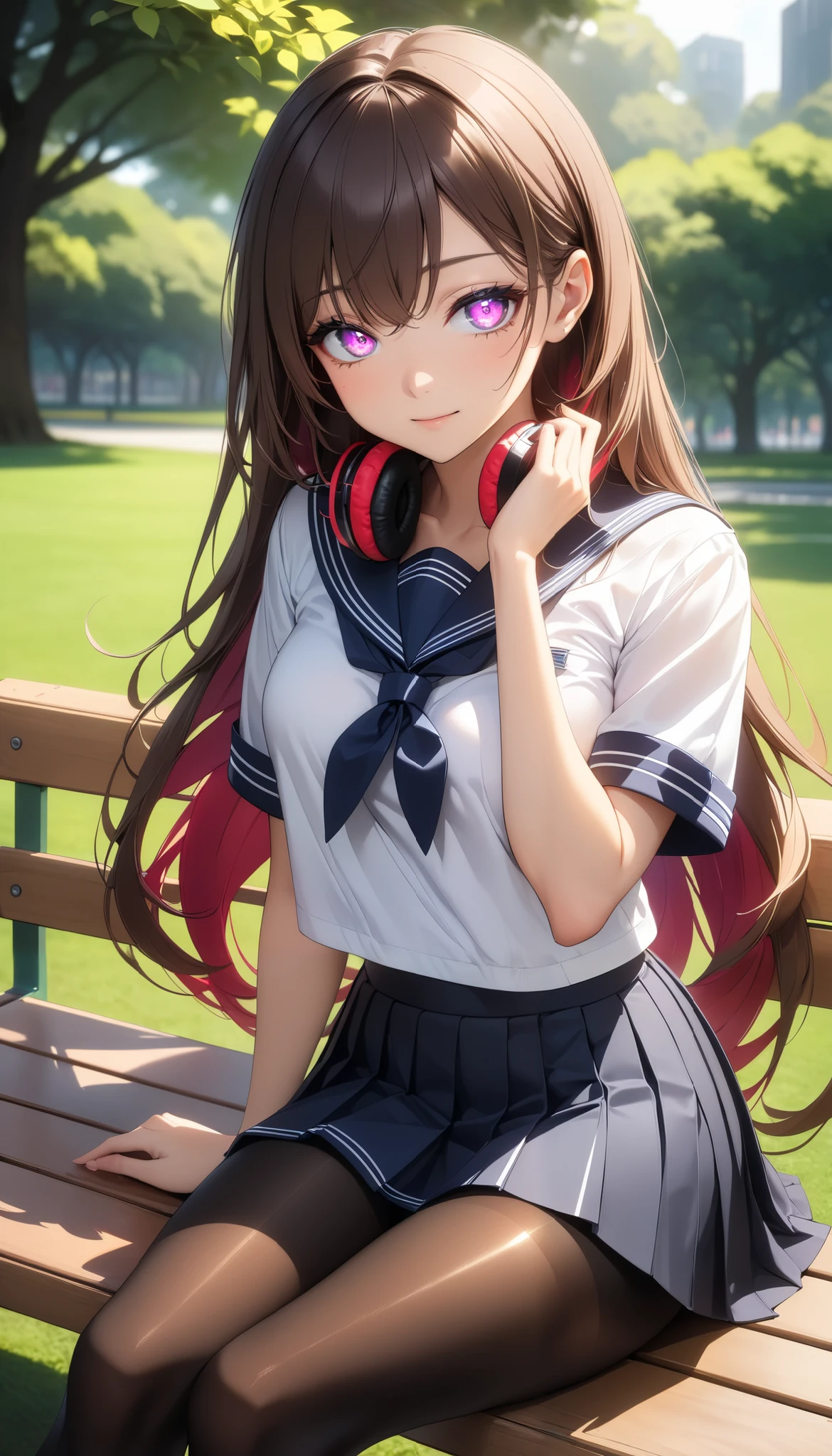  1 Woman ,  beautiful skin ,  fine skin, Vibrant Hair,  glowing eyes, JK, (Brown Hair,  long hair on background),  Thin Waist,  slender body,  sexy pose ,  closes the eye:1.2,  Cowboy Shots,  school uniform,  sailor suit ,  pleated skirt, Shiny thighs, ( black pantyhose:1.4),  sitting on a bench enjoying music, Wearing headphones , Park Background,  High Quality ,  high definition , masterpiece:1.2