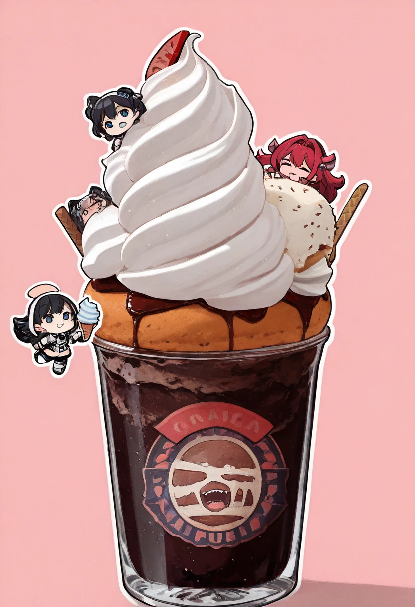 Monochrome drawing style, chibi characters, space, hamburger, cola, soft serve ice cream, dream, ultra detailed, absolutely resolution, masterpiece