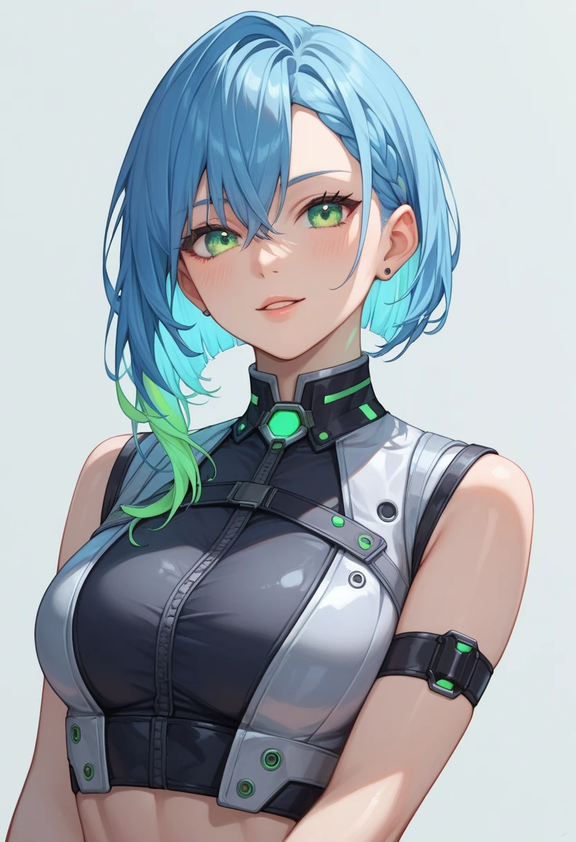 Girl 27 years old, Modern Anime Style, Character Desing,, High Definition, Ultra Details,, Little, Cute, Young, Fantasy Modern World, swimsuit and jeans, Full Body, cyborg, circuits in the body, green eyes, robots hands, robot arms, half human, half artificial intelligence, robotic details on the face, robotic details on the body, face with great details of electronic circuits, Sleek, futuristic design elements on the shoulders and arms, Create a detailed anime-style portrait of a cyborg, focusing exclusively on the face. His eyes should be bright green, wide and expressive, set beneath elegant, angular eyebrows. The nose should be small and well defined, with a straight profile. His lips should have a full, soft appearance, with a hint of a smile. His face shape should be oval with a delicate chin, embodying both strength and femininity. Her hair should be a mix of turquoise and light green that reaches shoulder length cut in a sharp, asymmetrical bob that frames her face with one side hidden behind her ear and also has a single pink streak on her left side. cream. His overall appearance should be futuristic but human, with emphasis on his bright eyes and his unique hair color. He has a cybernetic neck with visible circuits; However, his face does not show cybernetic details. (no short hair) (no cybernetic details or circuitry on his face) (the creamy pink streak is only on one side; not on both sides)