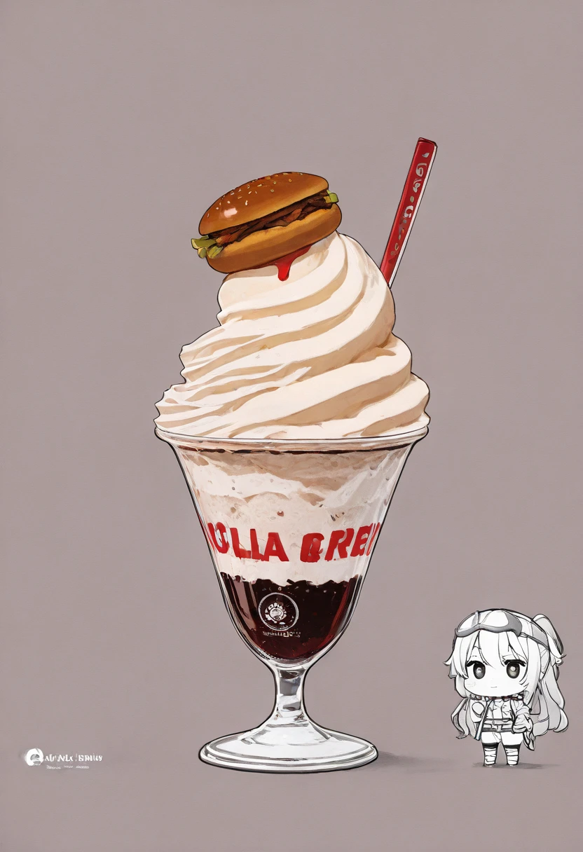 Monochrome drawing style, chibi characters, space, hamburger, cola, soft serve ice cream, dream, ultra detailed, absolutely resolution, masterpiece