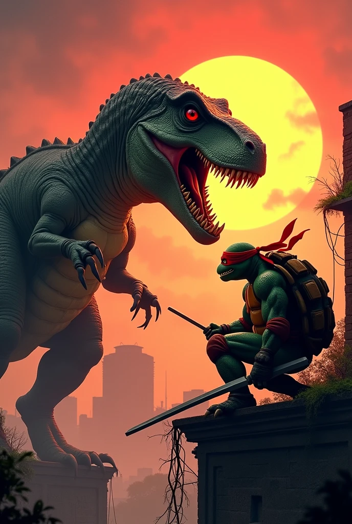 One of the red ninja turtles used his strength to knock down trees and try to block Cerberus.