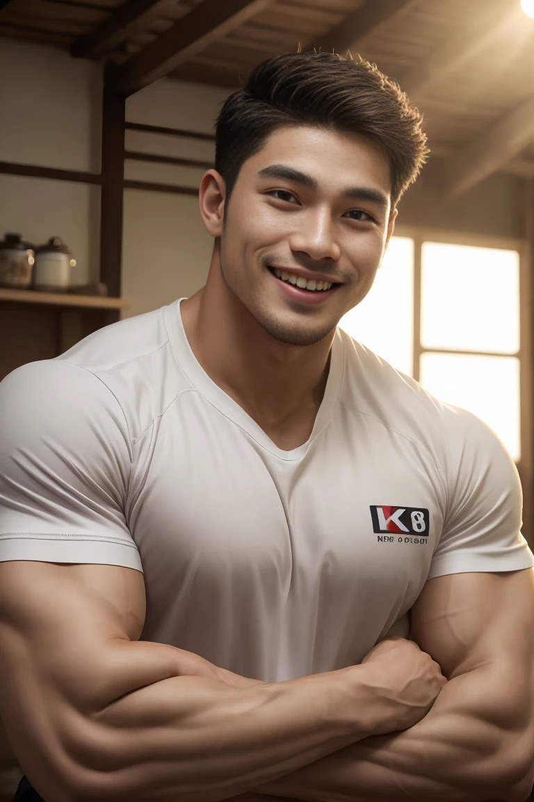 ((Highest quality, 8K, Masterpiece: 1.3))、Thailand Laos Burma Asia, Thai man, A handsome Asian rugby player with short hair, a muscular beard, and big muscles., １A man who has、 yo、Good appearance、Beautiful nose、smile、 Detailed eyes and face、beautiful light、(studio)、high resolution、（Look at the viewer.）、Fine mouth、smile、whole body: 1.5, perfect shape: 1.3, Picture of both shoulders:1.3, Navy blue round neck t-shirt:1.5