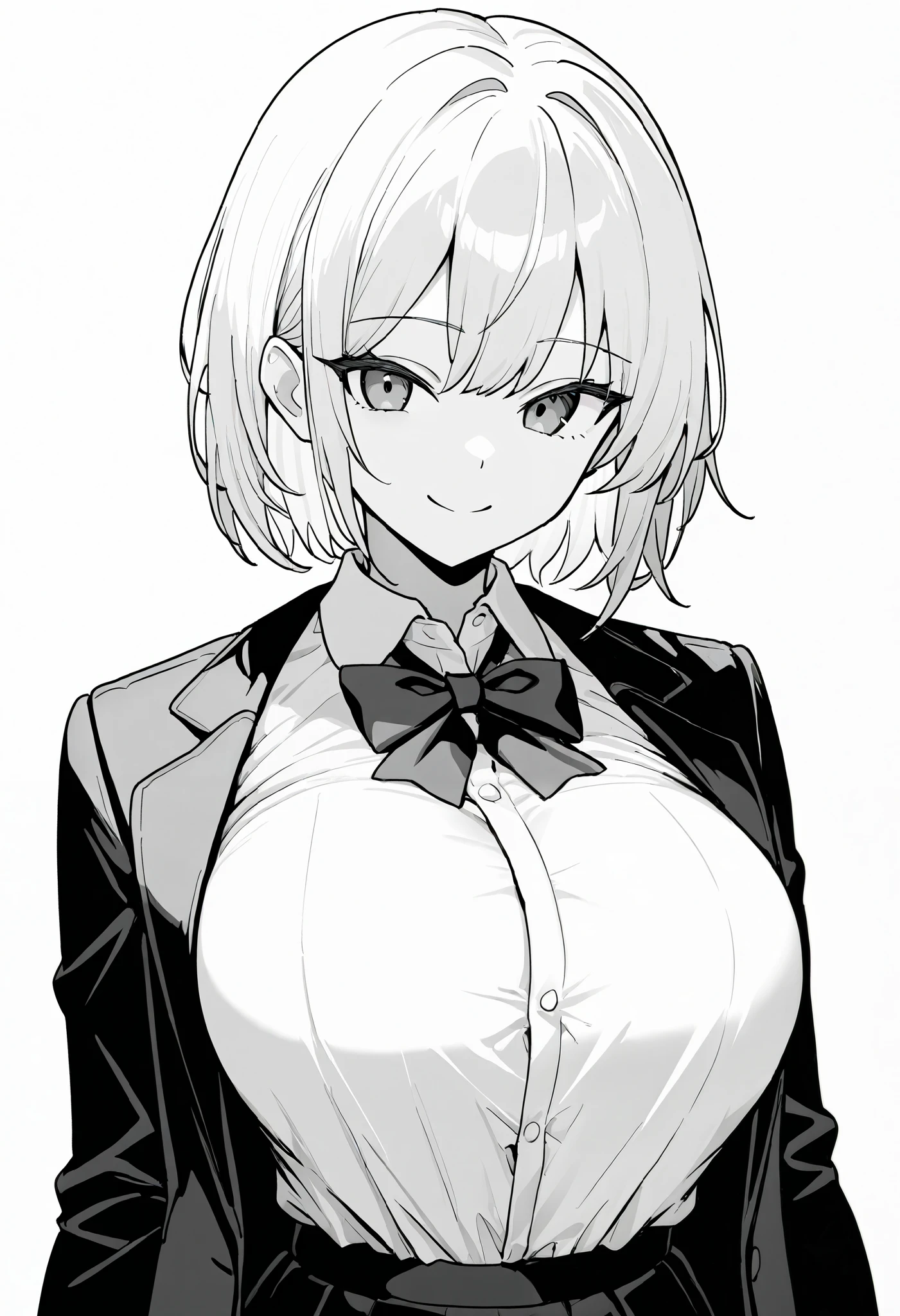 1girl, sensitive, grayscale, upper body, looking at viewer, white hair, short hair, large breasts, collared shirt, tented shirt, bow, open jacket, standing, smile, closed mouth, white background, masterpiece, best quality, very aesthetic, absurdres