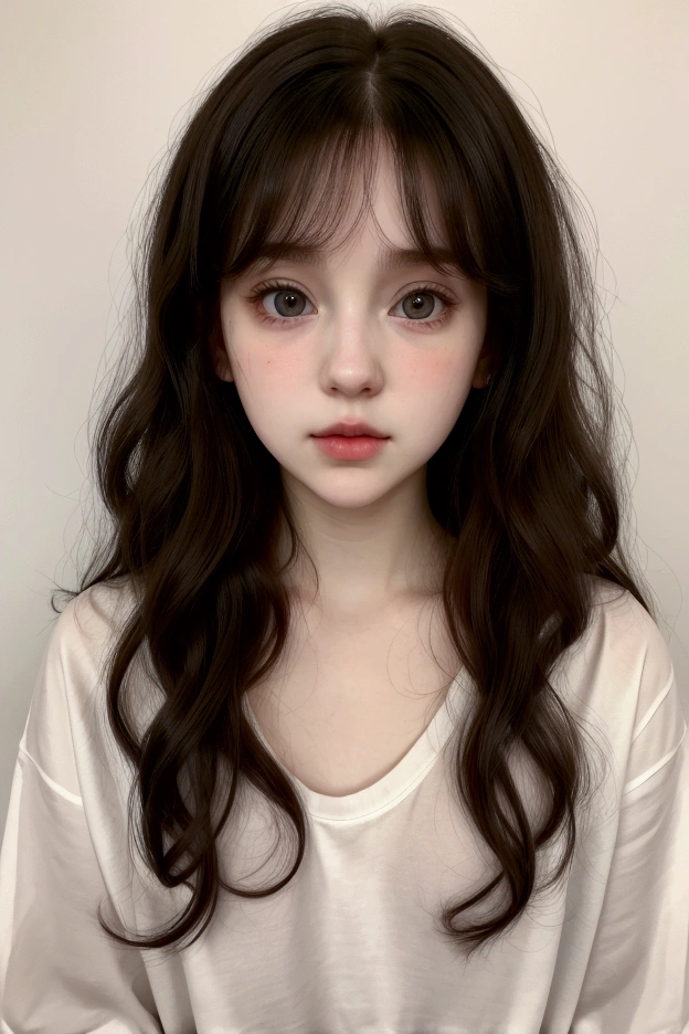 white blythe doll with brown hair without bangs, brown eyes with freckles underneath, long upturned nose with small but thick lips and a short black t-shirt