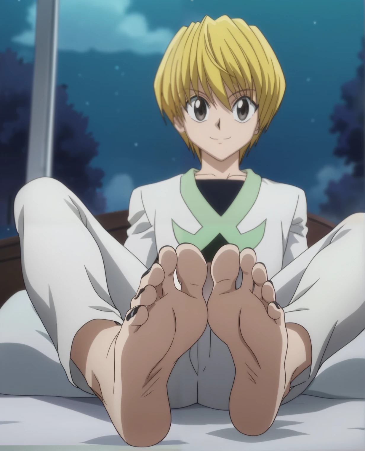 Score_9, score_8_up, source_anime, 1boy, Kurapika, Hunter x Hunter, big eyes, smile, happy expression, very pale skin, White long-sleeve V-neck shirt, white long pants, alone, looking at viewer, sitting on the bed, in his bedroom, night, lifting legs to show his soles, cowboy shot, ANIME SCREENCAP, anime coloring, barefoot, perfect feet, anatomically correct, soles, focal length 35mm, each foot has five toes, front, symmetrical soles, foot focus, black nail polish, low angle