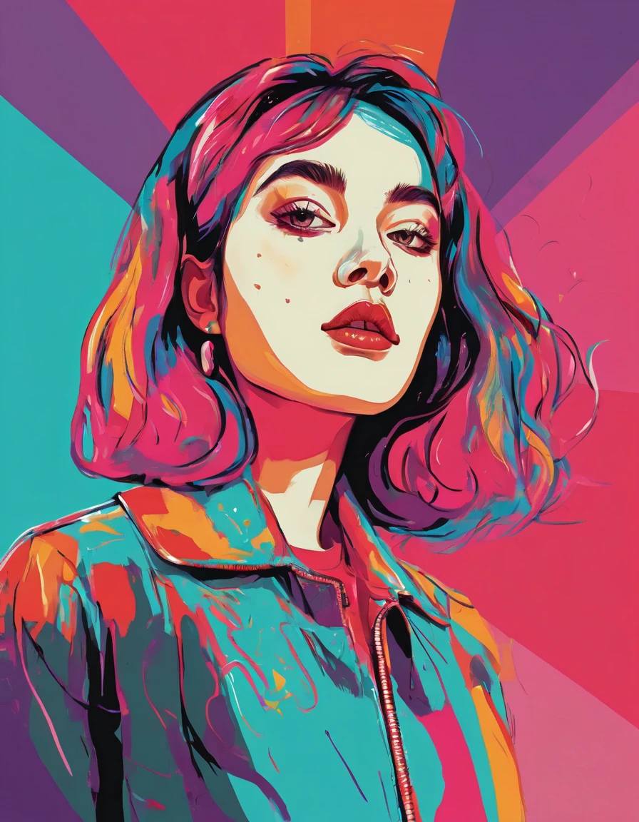  graphic design,  avant-garde pop art.   emotional illustration you can use with LoFi girl,    in the room, Woman illustration, retrowave,  beautiful artwork illustration,  very colorful hues 