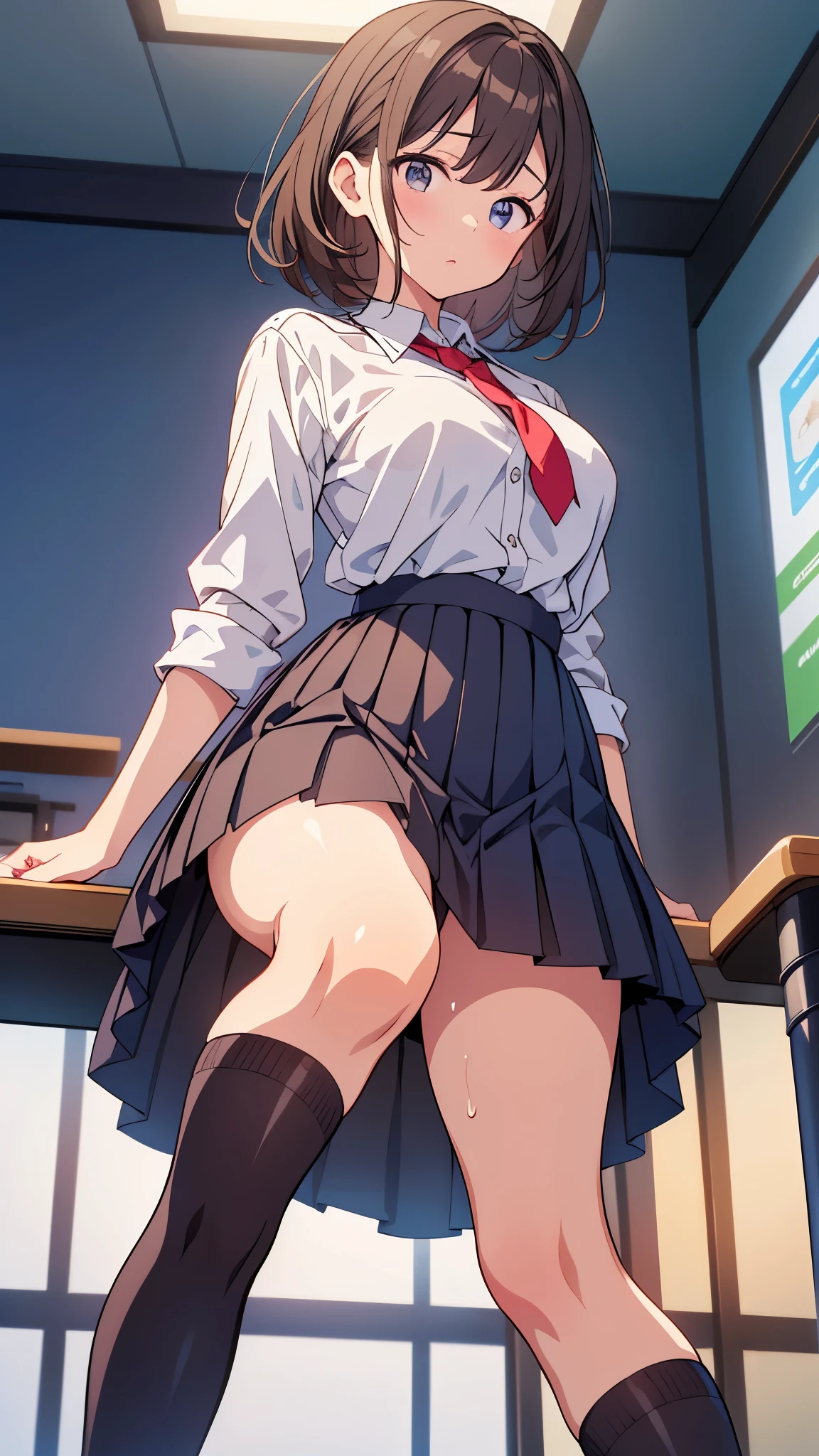 Highest quality,masterpiece,8K,1girl,((li,big breasts,liirl:1.3)),((orgasm,blush,:1.3)),((long hair,low twintails)),hair ribbon,sweat,Shiranui Mizuki,((school uniform,white shirt,black skirt,Miniskirt,lift skirt,upskirt,black panties,lace panties)),black thighhighs,classroom,((((walking)))),((from behind:1.1))