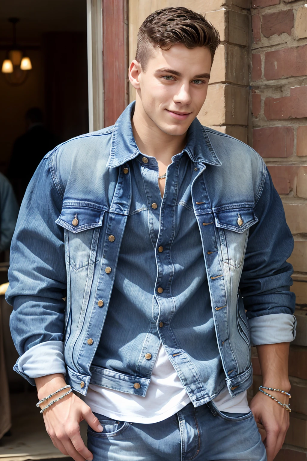  Jack's photo _Dalton ,  Natural relaxed expression ,  wearing a denim jacket ,  wearing a beaded bracelet ,  wearing a Henry shirt and shabby jeans