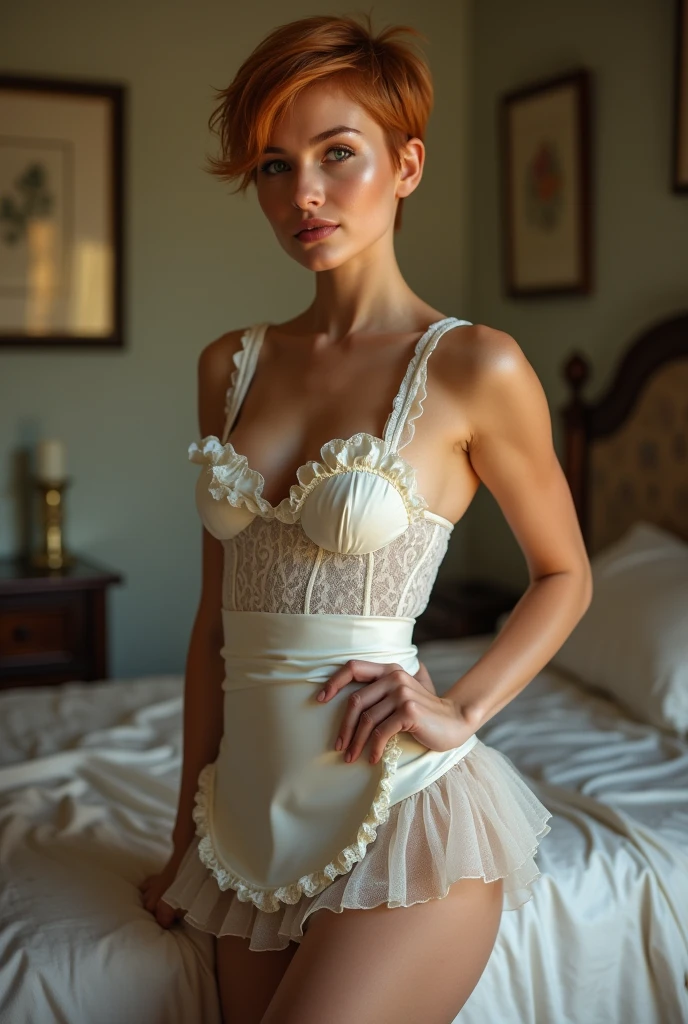 Camille Durand, 1girl, solo, realistic, photorealistic, high quality picture, 8k, high resolution, detailed quality, film grain, natural photo, ultrarealistic, (((25-years-old))), ((detailed wrinkles in her face)), (((Seychelles woman))), (Background: a boudoir setting with soft, plush bedding and dimmed fairy lights, or a vintage glamour theme with antique decor and warm, shadowed lighting), (blonde Short hair)), Light smile, blue mesh see through dress, sunrise, upper body and upper legs
