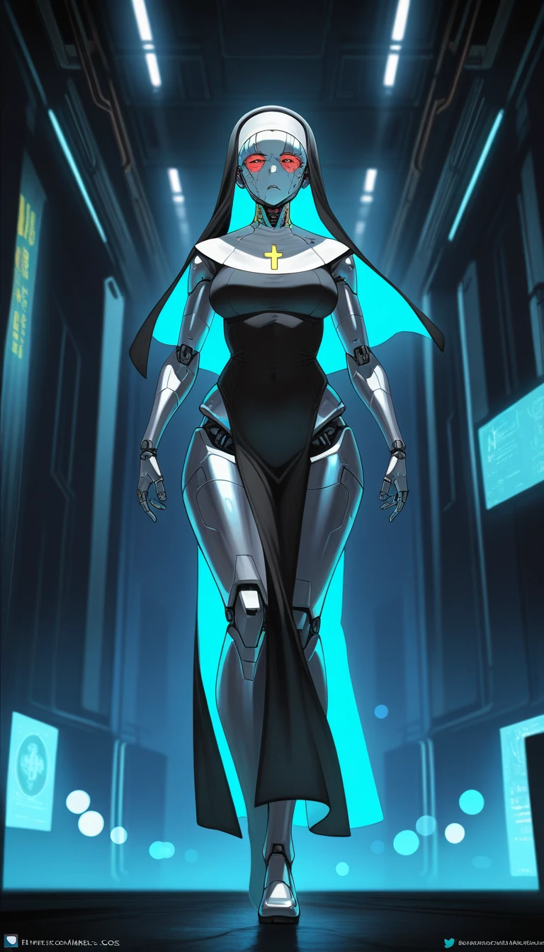 (masterpiece) (high Res), (((robot))), (Perfect face), (perfect anatomy), robot woman with a robotic head, in super tight clothes, (full body nun outfit), (mini skirt), happy, ((glowing screen face)), big breast, narrow mechanical waist, wide hips, thick thighs, metal body, black high heels, (robot girl), ((solo)), ((alone))