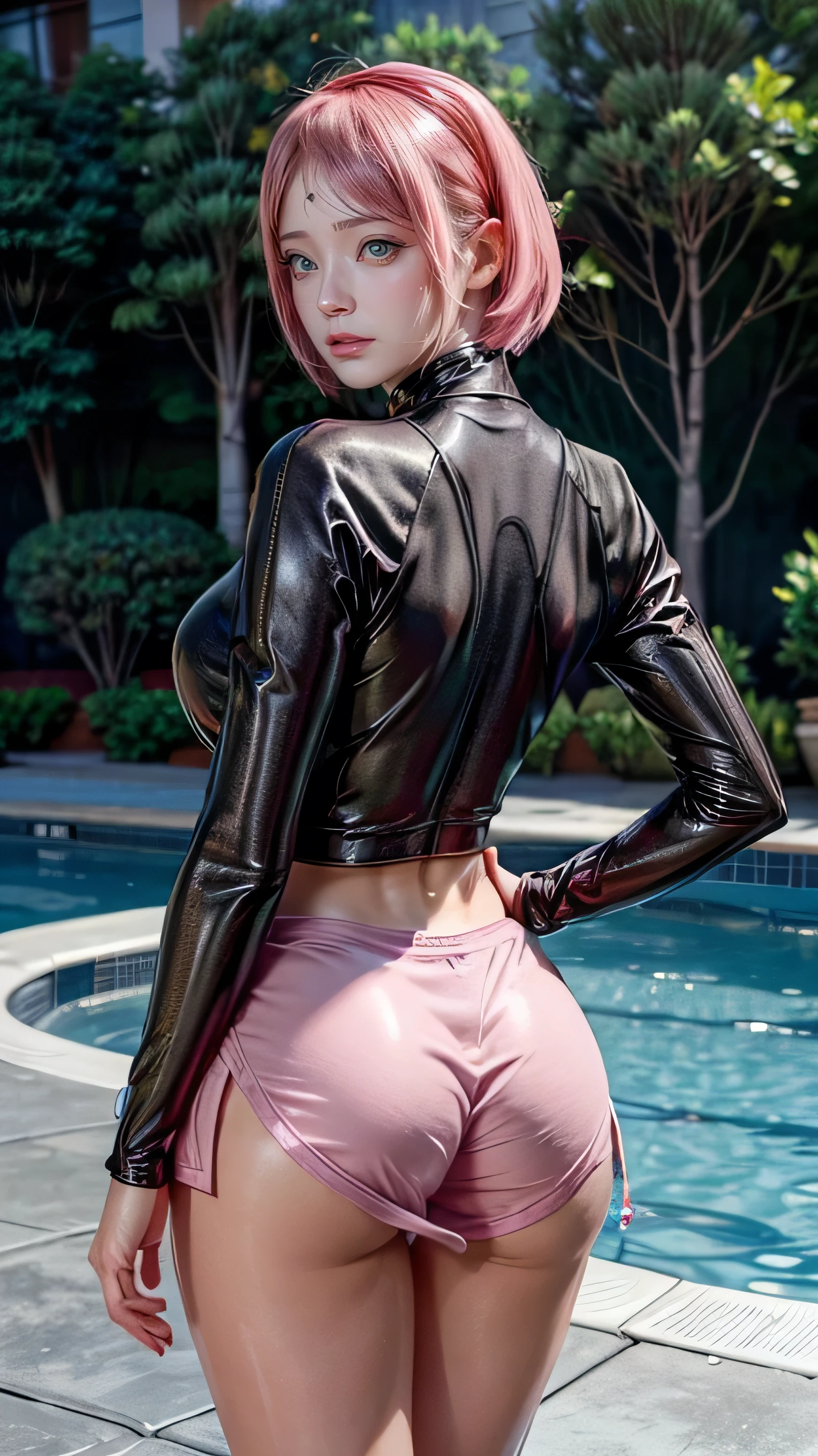   It shows a beautiful girl with short pink hair and a slender figure  , wearing a short skirt and sneakers   ,    big thighs , a headband .  She is dressed in a sporty outfit  :   a short black sweatshirt that reveals part of her back and abdomen  ,   along with tight black bikin-style underwear with white details, 8K)),    green eyes, Standing by the pool , sexy session   , pose sexy,    medium breasts  ,    top quality ,  many details ,  realistic ,  thick legs ,    thick thighs  ,    into shorts   , figura completa hiper realistic , anime girl in real life,    sexy girl in shorts   ,    Slim waist and thick hips  , anime  realistic  estilo 3D, round thighs