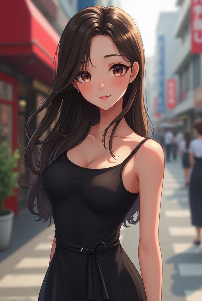 (( top quality、8k、masterpiece:1.3))、1 Girl、smile、whole body、Slim face、 Kiri Reina female、( dark brown hair)、Full-length dress:1.1、 super detailed face、 detailed eyes on board、 double eyelids 、 blurred background 、Slim face、City、outside、street、
