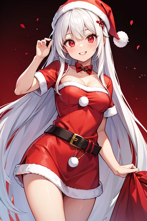  1 Beautiful Girl　Shows up to the waist　 long white hair　Red eyes　 bright smile　Red Santa outfit