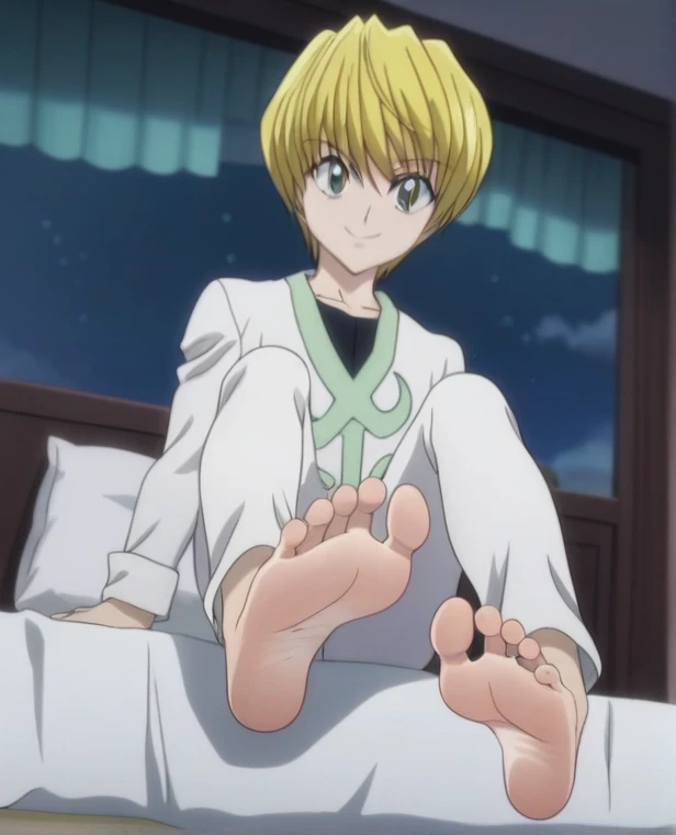 Score_9, score_8_up, source_anime, 1boy, Kurapika, Hunter x Hunter, big eyes, smile, happy expression, very pale skin, White long-sleeve V-neck shirt, no undershirt, white long pants, alone, looking at viewer, sitting on the bed, in his bedroom, night, lifting legs to show his soles, cowboy shot, ANIME SCREENCAP, anime coloring, barefoot, perfect feet, anatomically correct, soles, focal length 35mm, each foot has five toes, front, symmetrical soles, foot focus, low angle