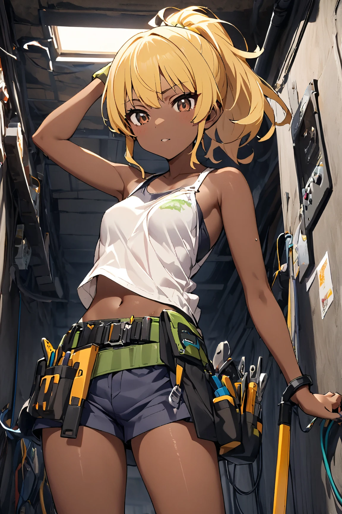  1 girl doing electrical work　,　I wear a lot of tools on my waist belt , ヌメ革のツールベルト, glossy brown skin, small breasts,  video ,Yellow Hair, ponytail,アクション・ペインティング, 