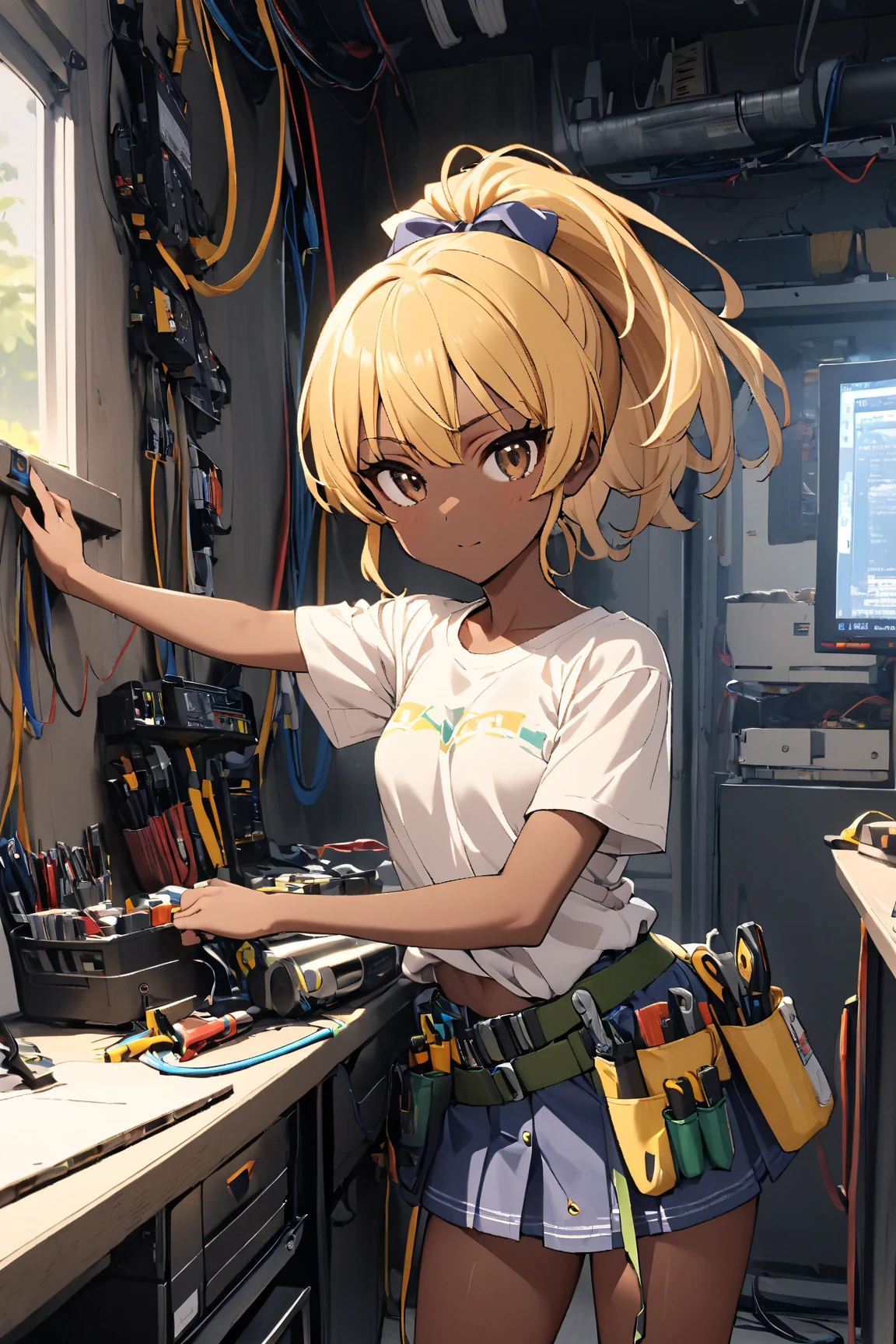  1 girl doing electrical work　,　I wear a lot of tools on my waist belt , ヌメ革のツールベルト, glossy brown skin, small breasts,  video ,Yellow Hair, ponytail,アクション・ペインティング, 