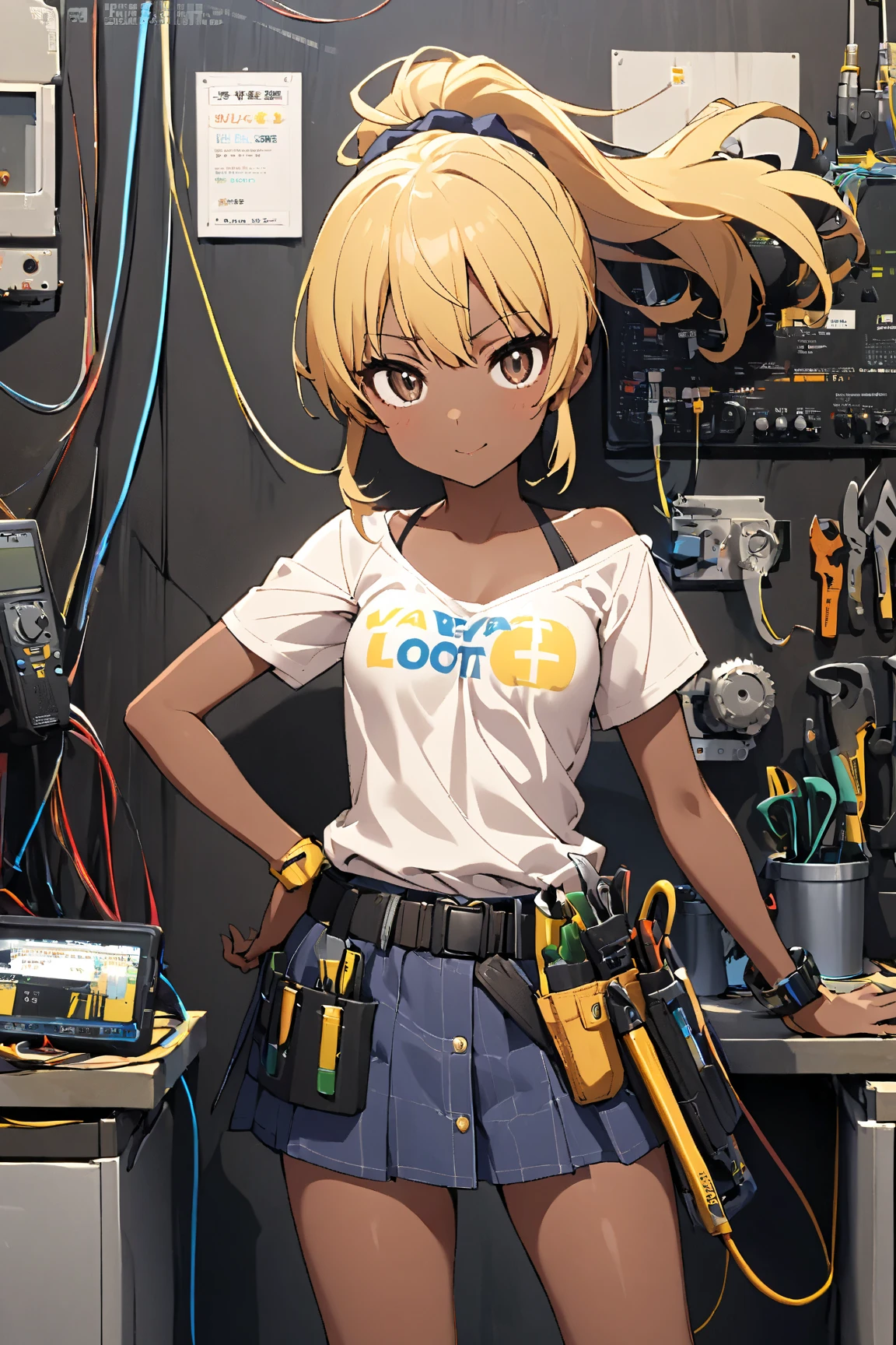  1 girl doing electrical work　,　I wear a lot of tools on my waist belt , ヌメ革のツールベルト, glossy brown skin, small breasts,  video ,Yellow Hair, ponytail,アクション・ペインティング, 