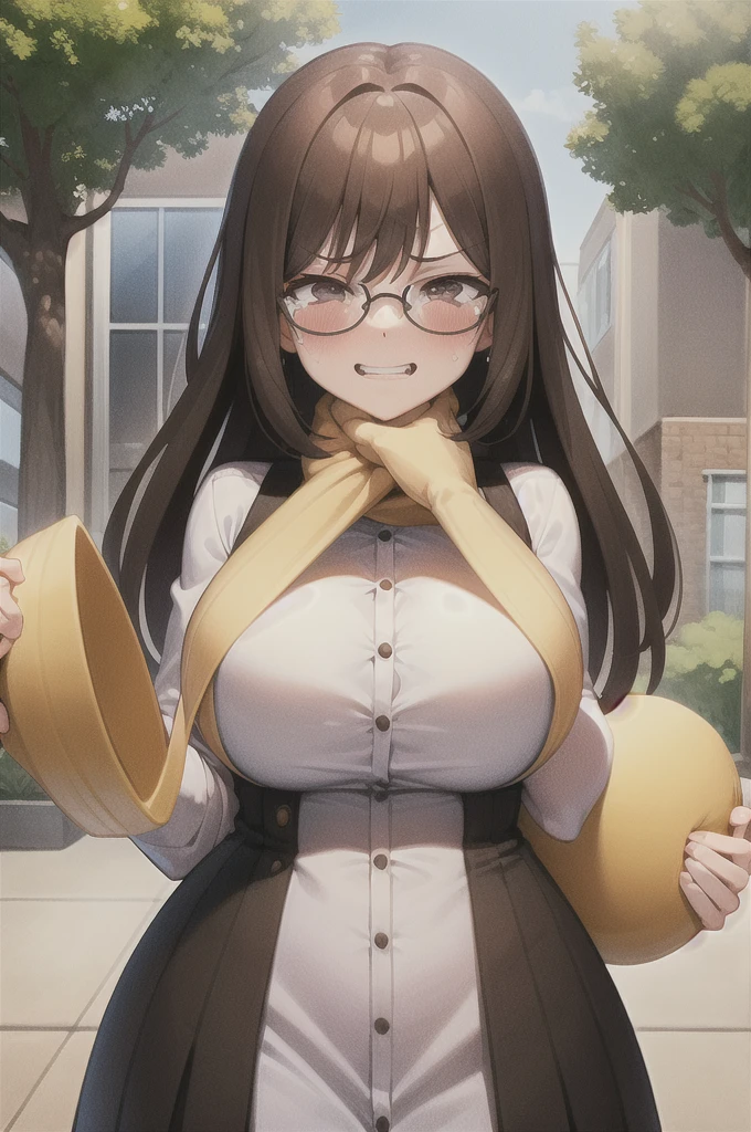 throw_strangle , 1 girl, 1 boy,(throw:1.2),Big Breasts,tears, white shirt,solo focus,Glasses,, open mouth,, Risekujikawa , smirking ,(Outdoor:1.2)  