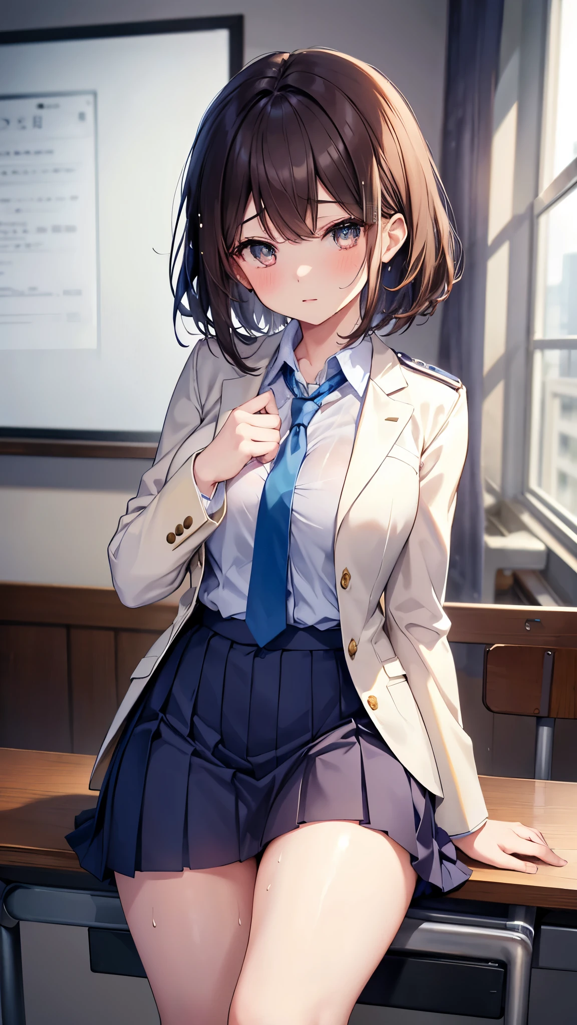 Brown Hair， shortcut ， hair is unkempt ，Slender beauty，hole々Positive Attitude，Small box，Beautiful legs，Her enchanting gray-blue eyes sparkle like stars，(masterpiece:2.0), (Best Quality:2.0), (ミニスカート ショート丈 女子高生blazer uniform:1.5), ( side view:1.5), ( sexy pose:1.5), (Red face:1.3), (Realistic:1.5), 1 , Precision small handle,   Embarrassing Looks  , smile, Very nice girl,  innocent face , Young Face,  Clear Eyes , Sparkling Eyes, Small box, Beautiful Skin,   peace sign， x} SUPER RESOLUTION ,  highest resolution , Japanese high school students, blazer uniform，Brown Hair, 