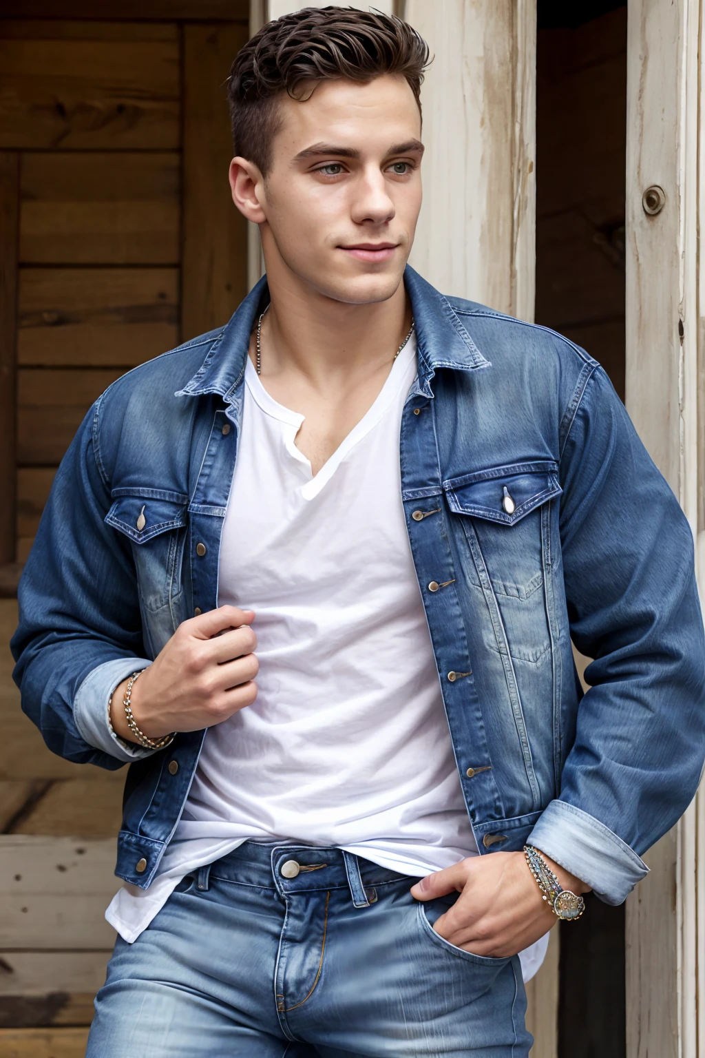  Jack's photo _Dalton ,  Natural relaxed expression ,  wearing a denim jacket ,  wearing a beaded bracelet ,  wearing a Henry shirt and shabby jeans