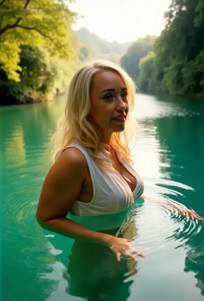 Beautiful and naked blonde but muscular squatting super realistically inside the tent with her vibrator and straight hair next to the waterfall
