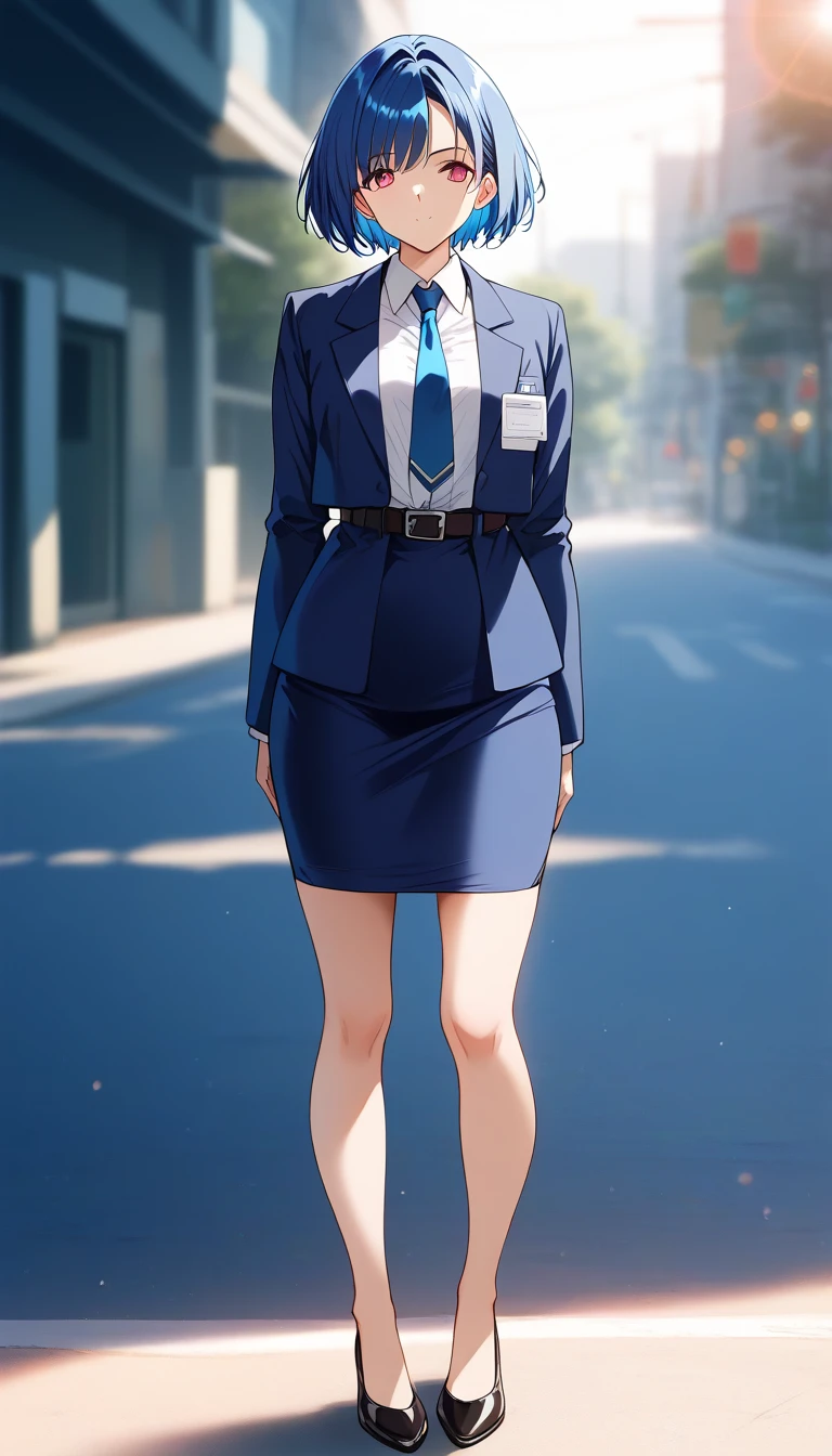 Blue Hair、 short hair、bangs、悲しface、黄colorの瞳、 full body style that reflects your whole body、Normal milk、 narrow waist 、Bare legs、 in a suit、 blue jacket , collared shirt 、 white shirt、 blue tie,belt, blue mini pencil skirt, black tights、White pumps、 official art, Extremely Detailed CG Unity 8K Wallpaper , Full Photo, colorful , bright _ Front_face_光ing,  shiny skin, ( masterpiece:1.0),(Highest_quality:1.0), 超 high definition ,4K, super detailed photo shoot, 8k,  high definition ,  high definition ,  absurd :1.2,  Kodak Portra 400,  film grain ,  blurry background, Bokeh:1.2,  lens flare, ( vibrant_ color:1.2),Professional photography,Anime Images、