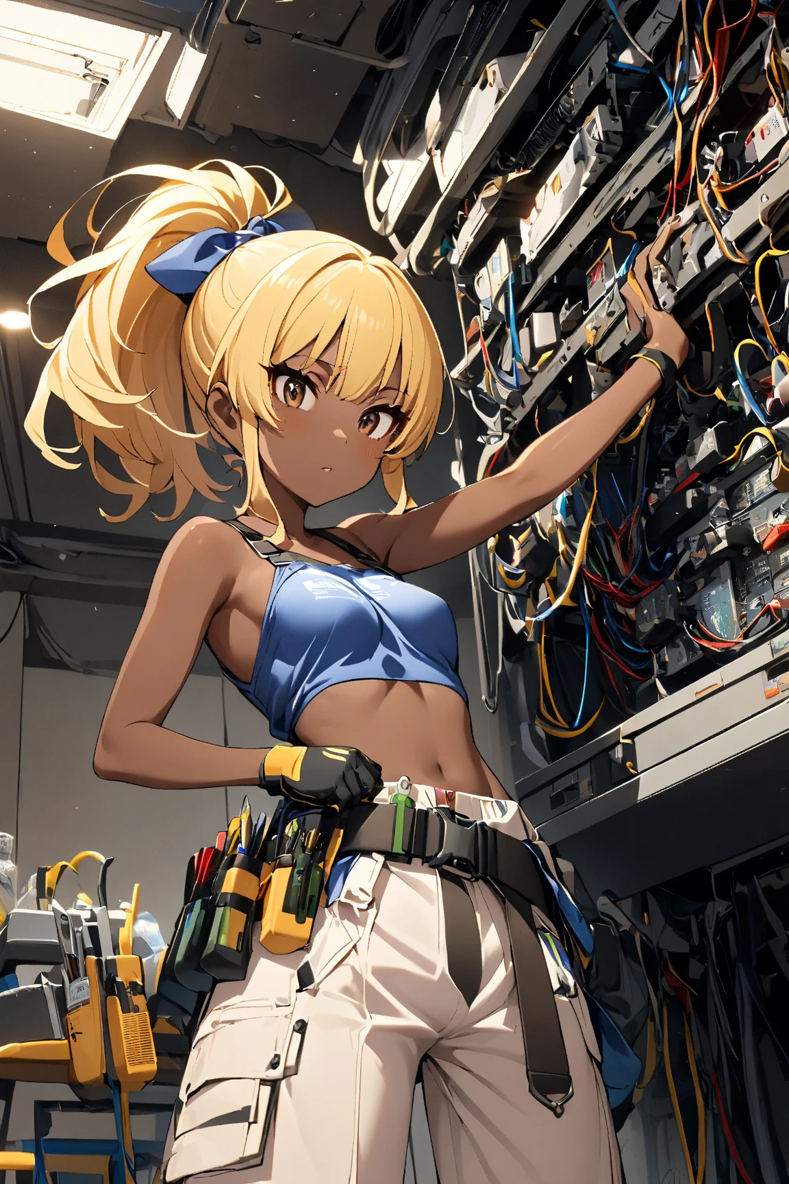  1 girl doing electrical work　,　I wear a lot of tools on my waist belt , ヌメ革のツールベルト, glossy brown skin, small breasts,  video ,Yellow Hair, ponytail,アクション・ペインティング, 