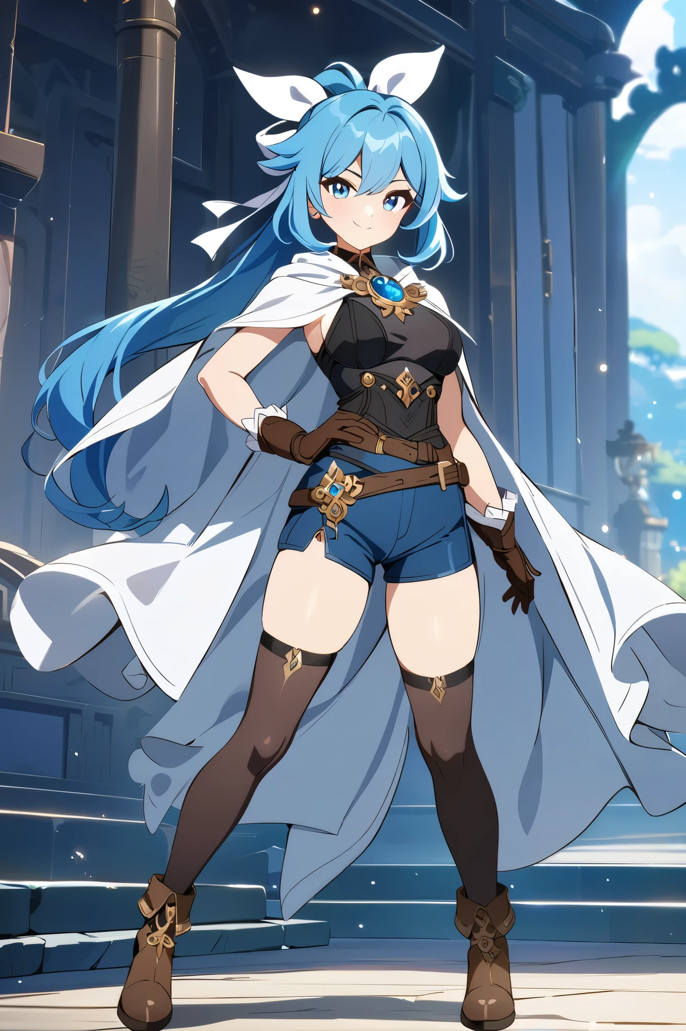 1girl, smile, white big ribbon, vivid blue hair, long blue ponytail, hair ribbon, white cape, black tank top, blue shorts, brown belt, brown boots, gloves, confident expression, standing pose, full body, anime art style, detailed design, highres, masterpiece, fantasy outfit, modern adventurer, ornate brooch, white and blue color palette, thigh-high socks, masterpiece, genshin art style, best quality, amazing quality, very aesthetic, highres, incredibly absurdres