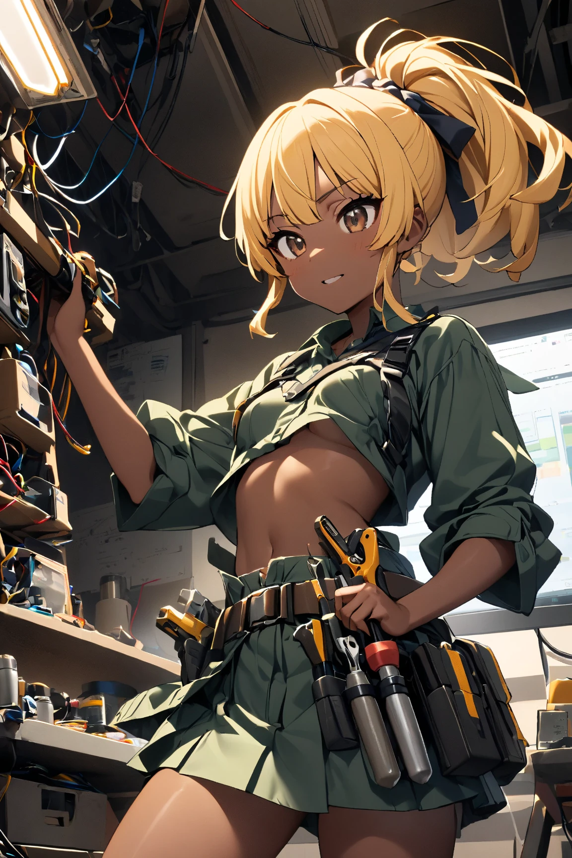  1 girl doing electrical work　,　I wear a lot of tools on my waist belt , ヌメ革のツールベルト, glossy brown skin, small breasts,  video ,Yellow Hair, ponytail,アクション・ペインティング, 