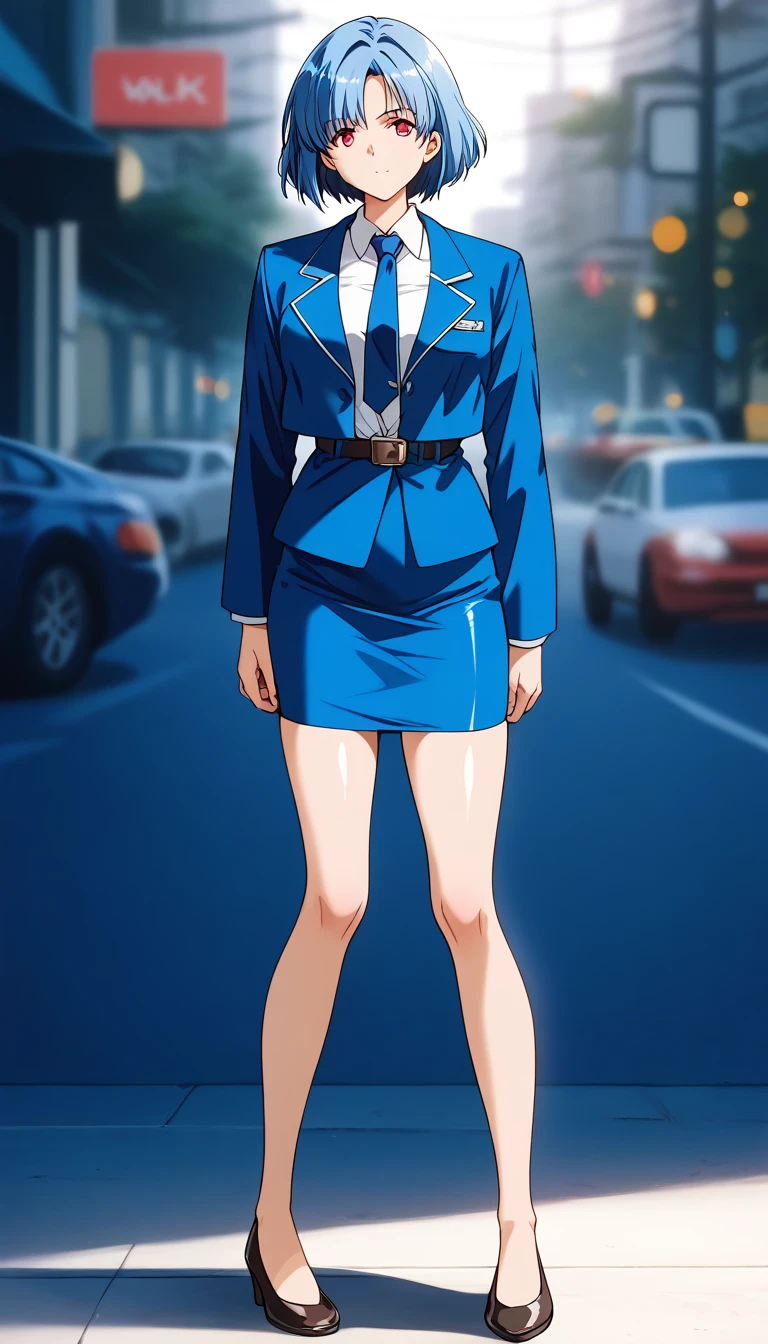 Blue Hair、 short hair、bangs、悲しface、黄colorの瞳、 full body style that reflects your whole body、Normal milk、 narrow waist 、Bare legs、 in a suit、 blue jacket , collared shirt 、 white shirt、 blue tie,belt, blue mini pencil skirt, black tights、White pumps、 official art, Extremely Detailed CG Unity 8K Wallpaper , Full Photo, colorful , bright _ Front_face_光ing,  shiny skin, ( masterpiece:1.0),(Highest_quality:1.0), 超 high definition ,4K, super detailed photo shoot, 8k,  high definition ,  high definition ,  absurd :1.2,  Kodak Portra 400,  film grain ,  blurry background, Bokeh:1.2,  lens flare, ( vibrant_ color:1.2),Professional photography,Anime Images、