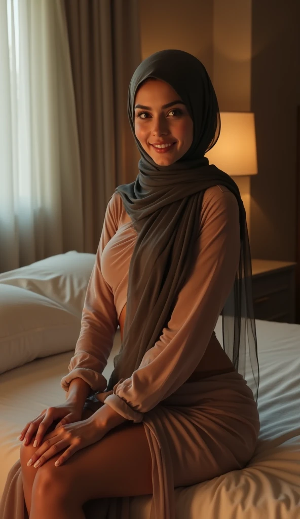 Malay girl very long white hijab, wear pastel green high low dress and leather jacket, kneeling on bed, kneeling, smiling , wear necklace, front view, windy, detail skin, age spot, detail skin texture, mole below eyes, small breast, flat chest, wide hips, small waists, thick thighs, slim abs, beautiful body, nighttime, laughing, happy, bright lighting, people in background, college gym background, blur background, bokeh, location: bedroom,