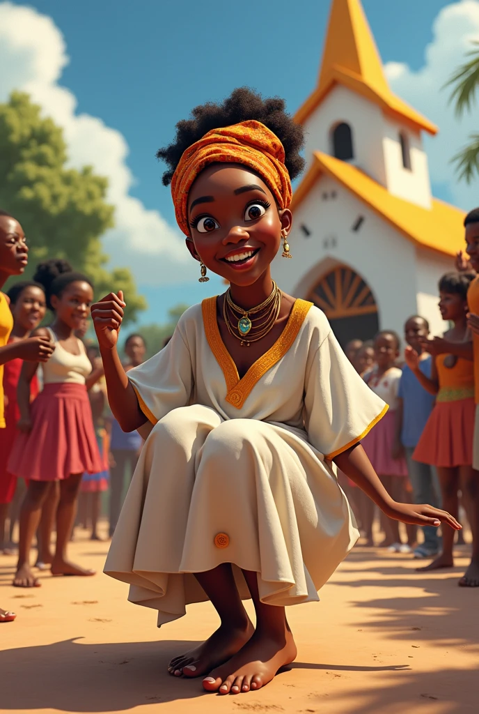 Femme Africaine, physique grosse, Dressed, Haut blanc, Jupe noire, belle, souriante