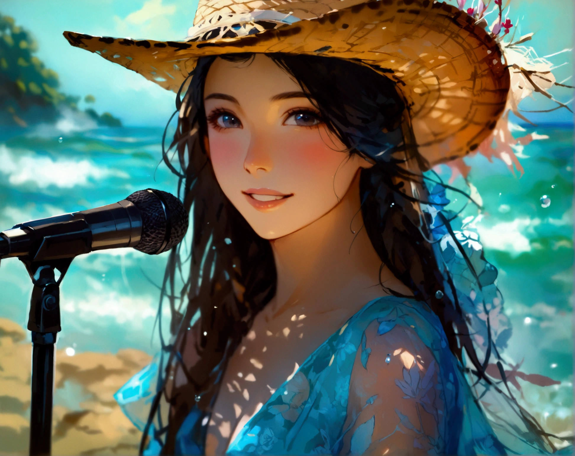 Full body picture of a 22-year-old Asian woman with long silky black hair is singing, captured in a cowboy shot from below, looking directly at the viewer with a soft gentle blush on her cheeks and a subtle grin and slanted black eyes that seem to attract a curiosity. By a small tide pool, she stands on the rock, in front of a microphone, and she performs a love song gracefully exuding her talent. Her fair complexity smoothly glows, accentuating her diamond face shape, pointed nose, high cheek structure, and glossy lips. She wears a blue see-through shirt with a vibrant marine print. The tropical surrounding and the blue sea allows her features to take center stage, tangling with the vibe of early summer. highly detailed, (full body:1.2), looking at the viewer, (microphone:0.9), (grin), natural make up, natural color, natural lighting, ((wide view: 1.7)), (front view), (hair flower:0.5)