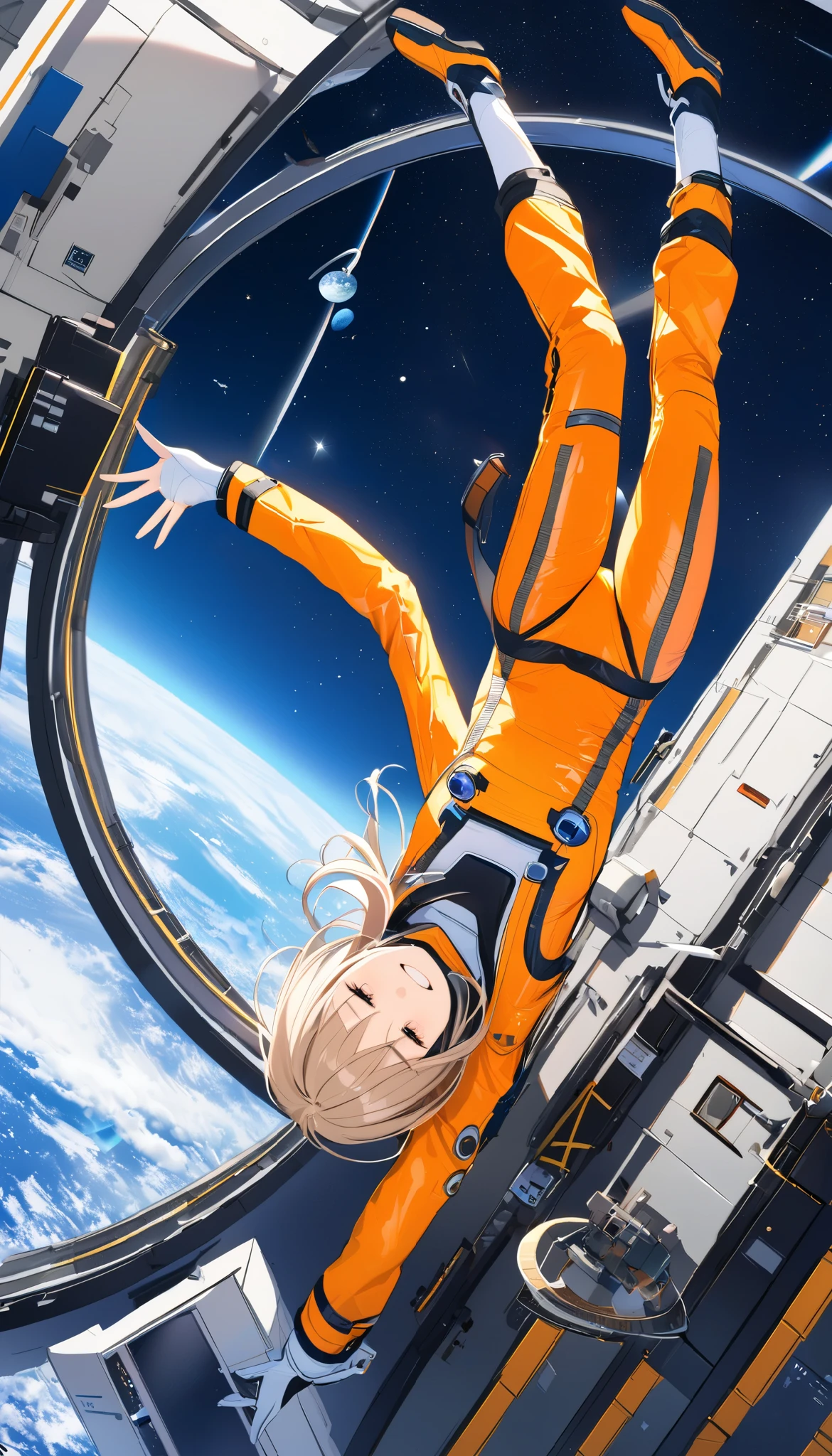 top quality、 、 high definition 、 RAW photo、break、 one girl、 skin-tight space suit、 Zero Gravity Swimming 、 Space Station 、Experimental Building、Complex measurements 、 delicate depiction 、近未来の Space Station 、Earth seen from a window、Beautiful Earth、Blue Earth、(( smiles))、