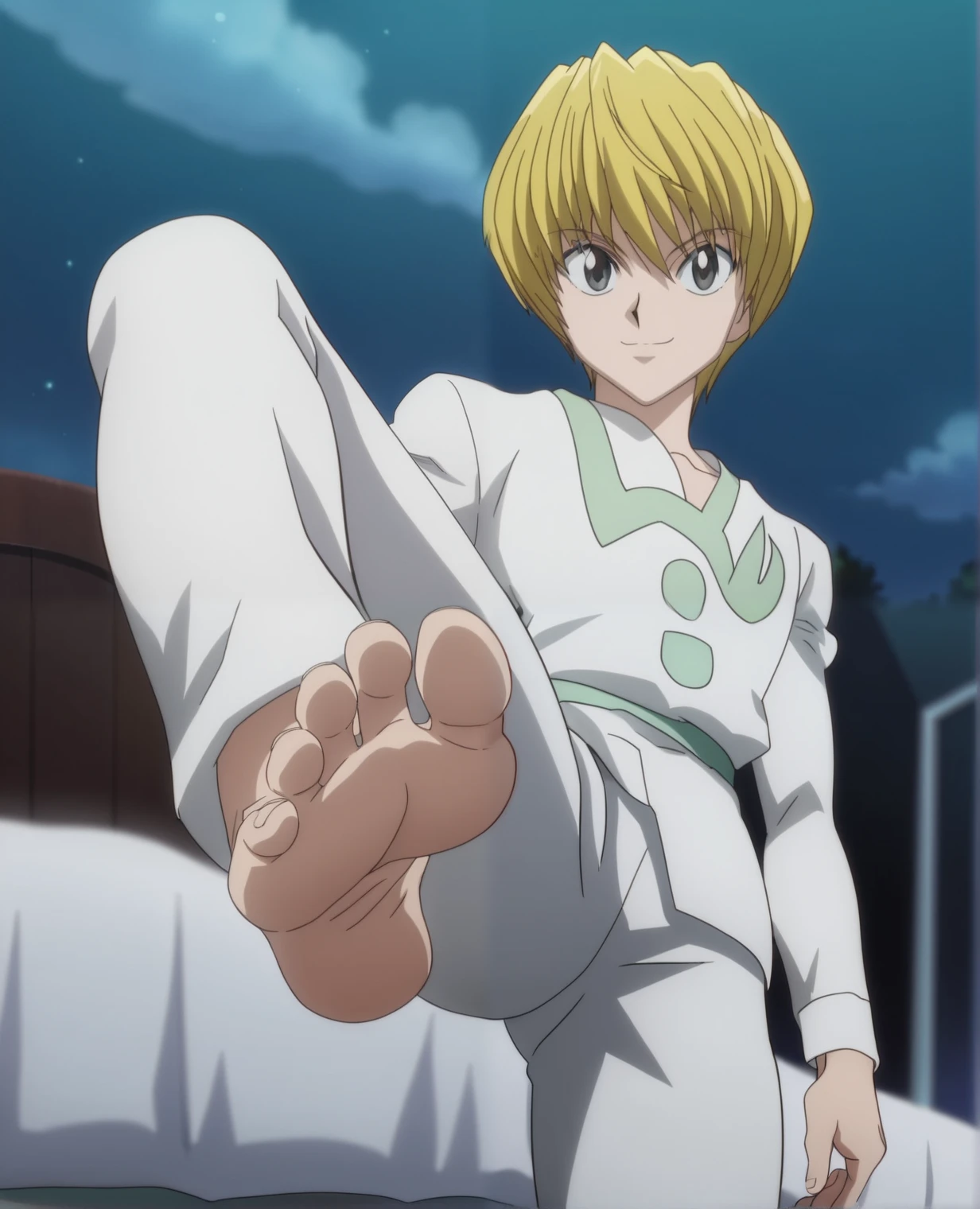 Score_9, score_8_up, source_anime, 1boy, Kurapika, Hunter x Hunter, big eyes, smile, very pale skin, White long-sleeve V-neck shirt, no undershirt, white long pants, alone, With his back turned to the viewer, looking at viewer, lying on the bed, in his bedroom, seductive pose, night, lifting legs to show his soles, cowboy shot, ANIME SCREENCAP, anime coloring, barefoot, perfect feet, anatomically correct, soles, focal length 35mm, each foot has five toes, front, symmetrical soles, foot focus, low angle