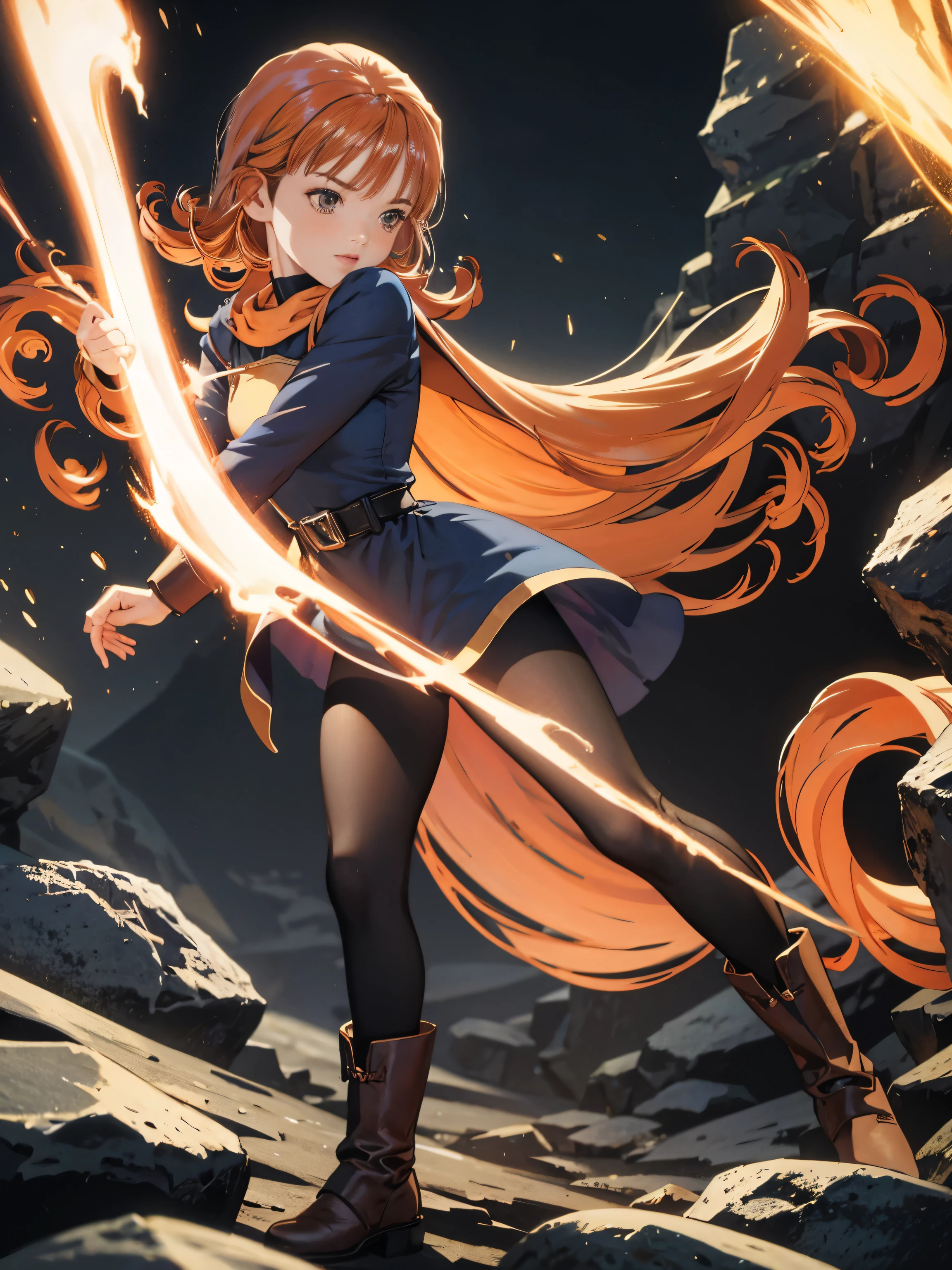 1 girl、 high definition 、 Masterpiece 、(Arena - DQ4、dq4-Arena、 orange straight hair)、 short、 thin thighs 、Thin legs、 small shoulders 、slender、Muscular、(bedroom)、( have 、 dress、Cape、belt、 black tights、 leather boots)、Night Forest、Attack with kick 、 action、 tomboy 、cute、Fighting、Battle