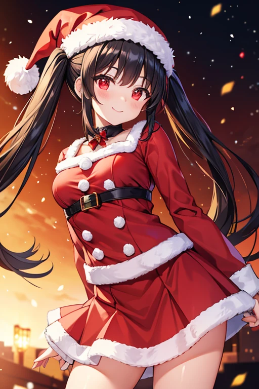  1 Beautiful Girl　Shows up to the waist　 black long hair　 twin tails　Red eyes　 bright smile　red miniskirt santa clothes　red Santa hat 